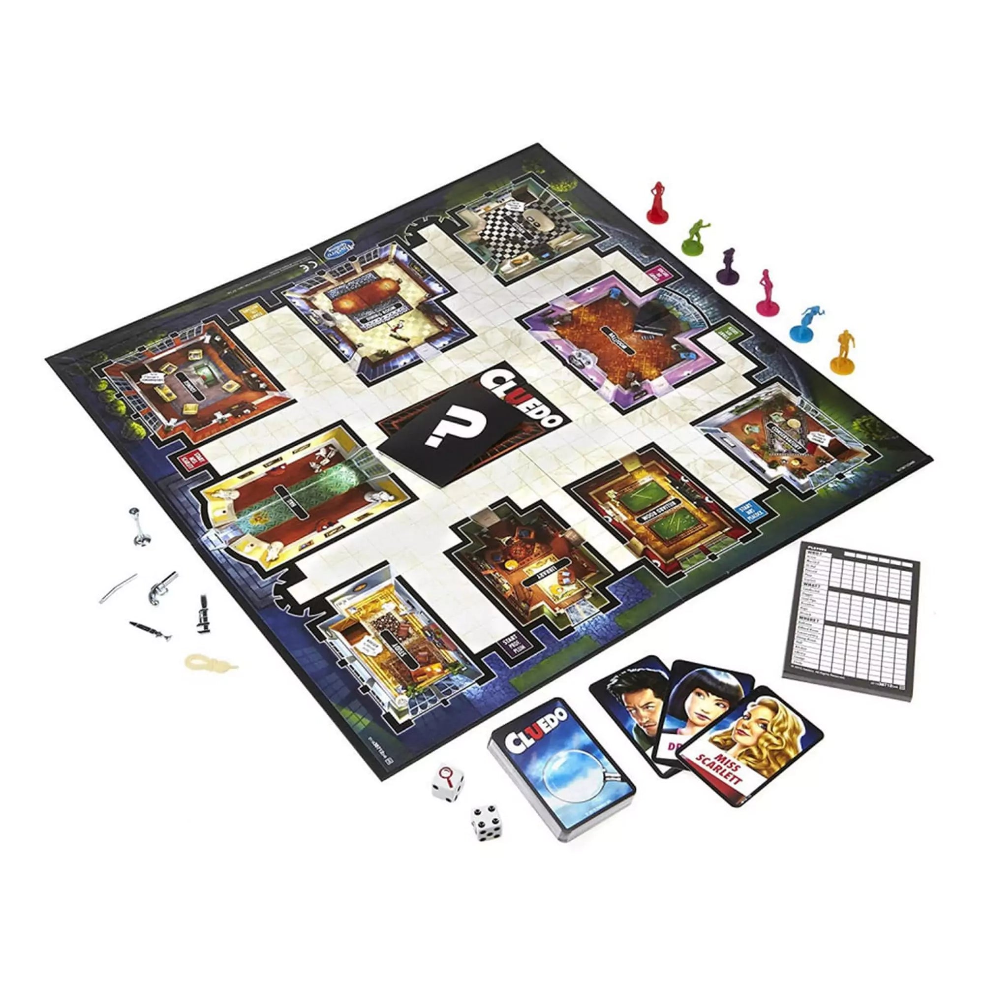 Cluedo társasjáték tartalma – A klasszikus Cluedo játék játéktáblája szobákkal, karakter- és tárgykártyákkal, dobókockákkal, jegyzetlappal, fegyverbábukkal és színes figurákkal.