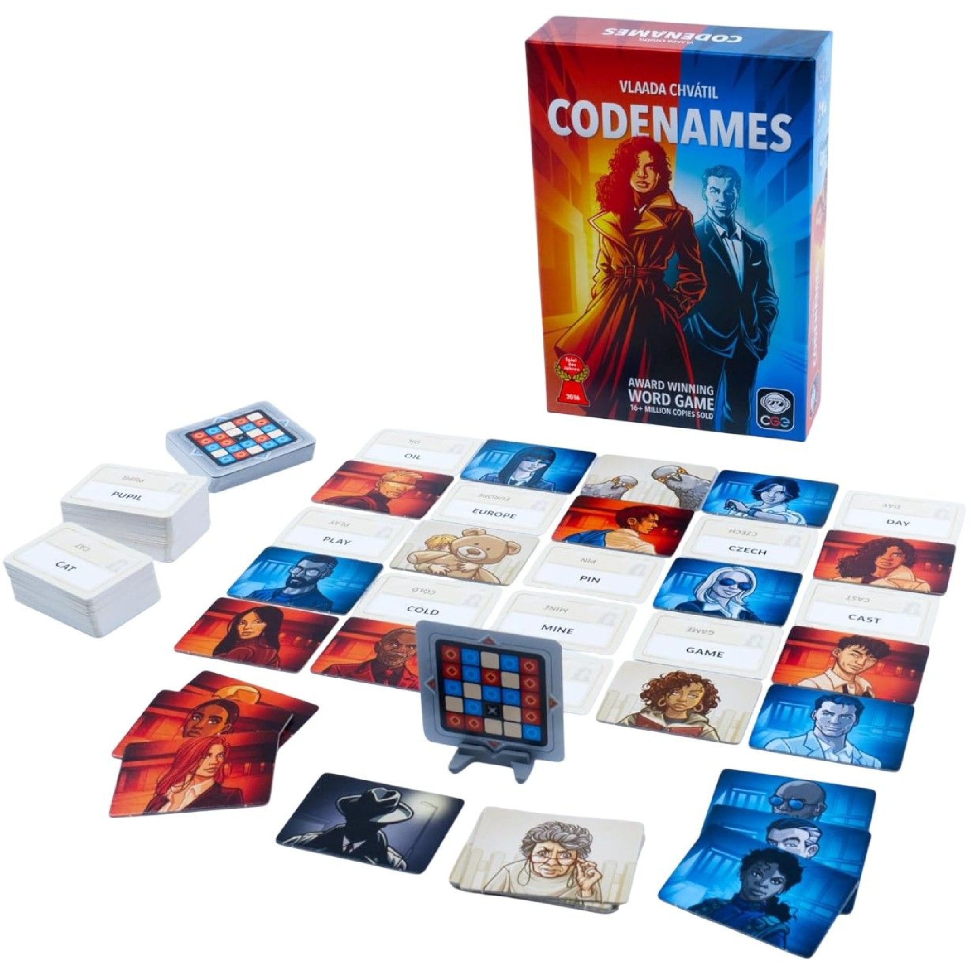 A Codenames társasjáték teljes tartalma: doboz, szó- és karakterkártyák, kódolótábla és ügynökjelölők. A játékosok kooperatív módon, logikát és szókincset használva próbálják megtalálni saját ügynökeiket.