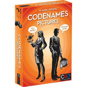 Codenames Pictures társasjáték – narancssárga doboz két fekete sziluettel, egy nő űrbolygót, egy férfi olvadt órát tart, képes asszociációs játék a CGE-től.