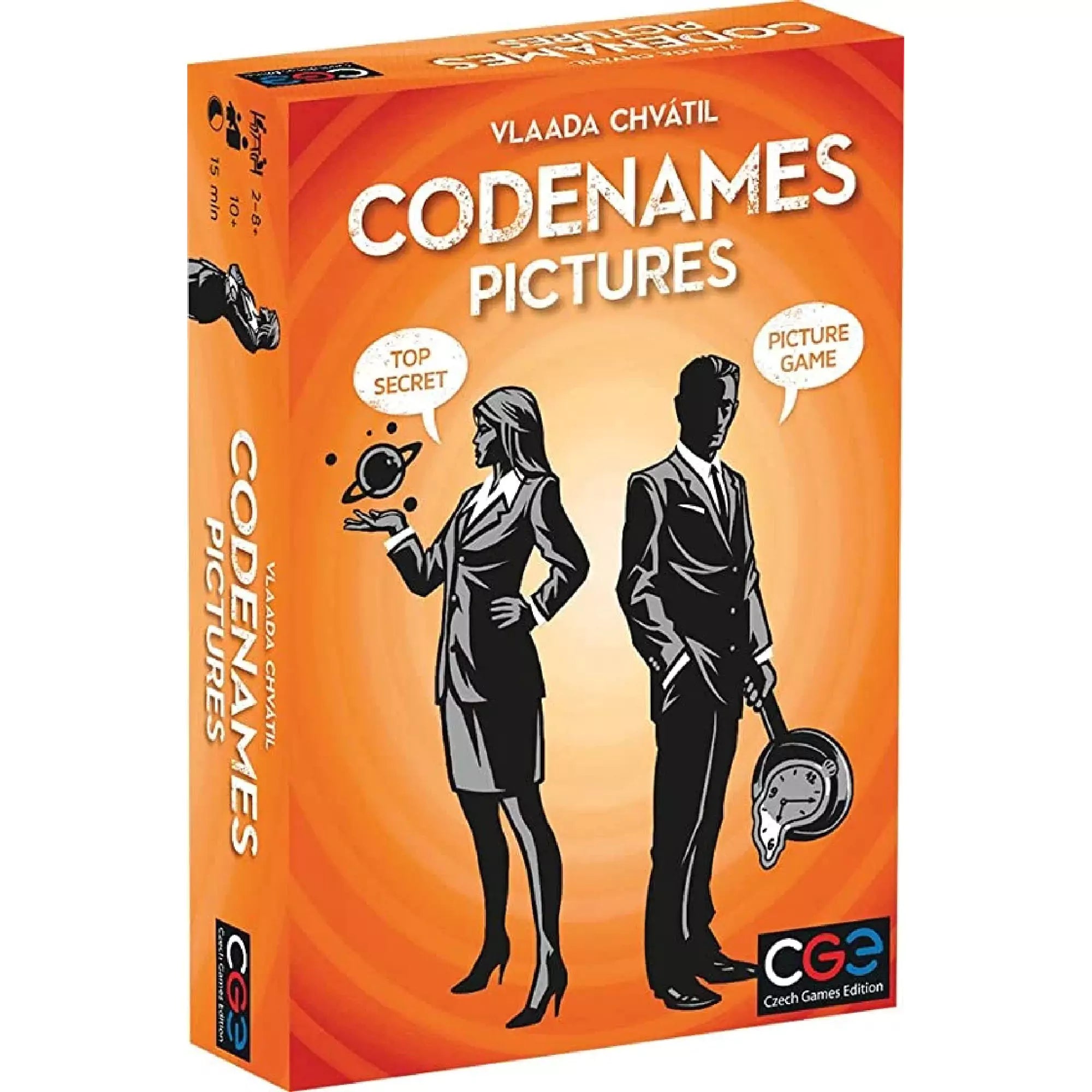 Codenames Pictures társasjáték – narancssárga doboz két fekete sziluettel, egy nő űrbolygót, egy férfi olvadt órát tart, képes asszociációs játék a CGE-től.