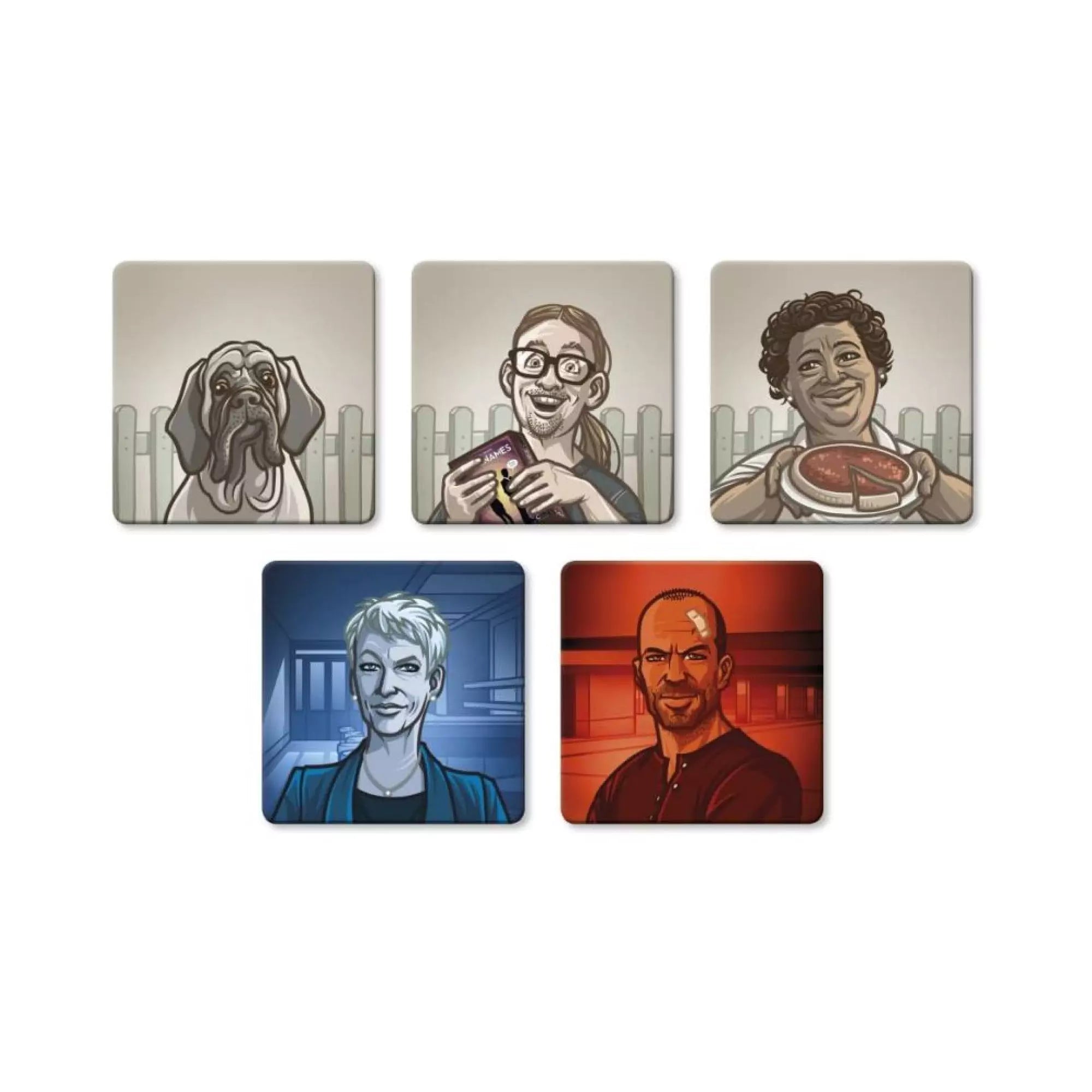 Codenames Pictures társasjáték – öt karakterlapka illusztrációval: egy kutya, két civil személy étellel és könyvvel, valamint két titkos ügynök kék és piros háttérrel.