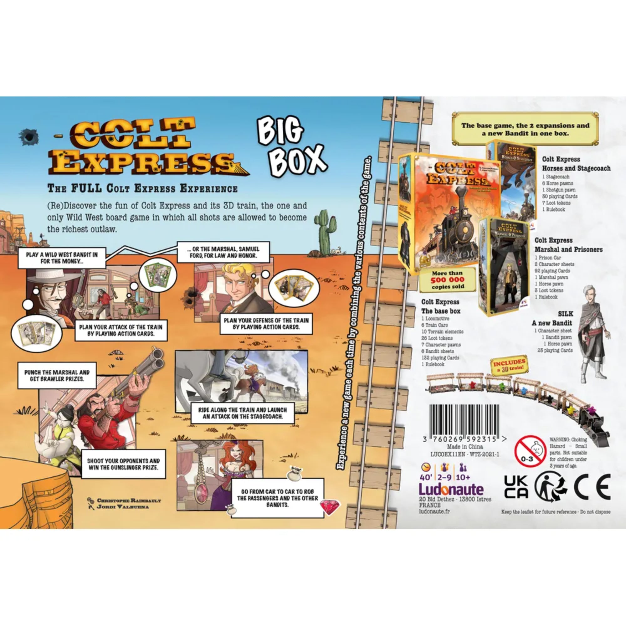 A Colt Express Big Box hátoldala, részletes leírással a tartalomról, játékmechanikákról és a csomagban található kiegészítőkről. Játék közbeni jelenetek illusztrációi is láthatók.