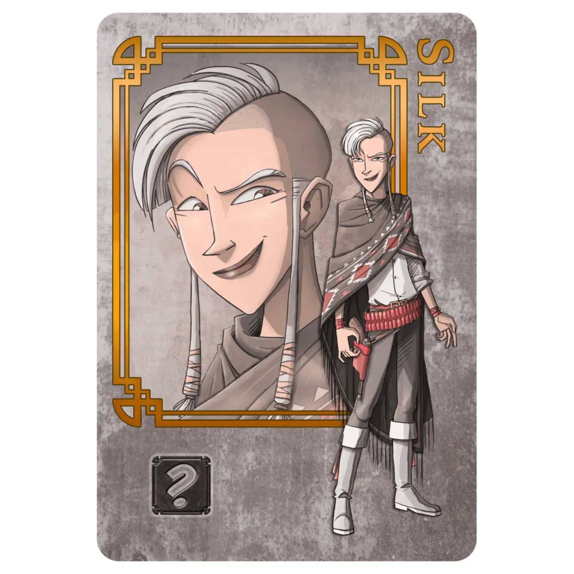 A Colt Express Big Box egyik új karaktere, Silk portrékártyája: szürke háttér, stílusos grafika a szereplőről, modern és merész western megjelenéssel.