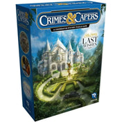 A Crimes & Capers: Lady Leona’s Last Wishes társasjáték díszdoboza, amelyen egy impozáns kastély és formális kert látható, a háttérben kék égbolttal.