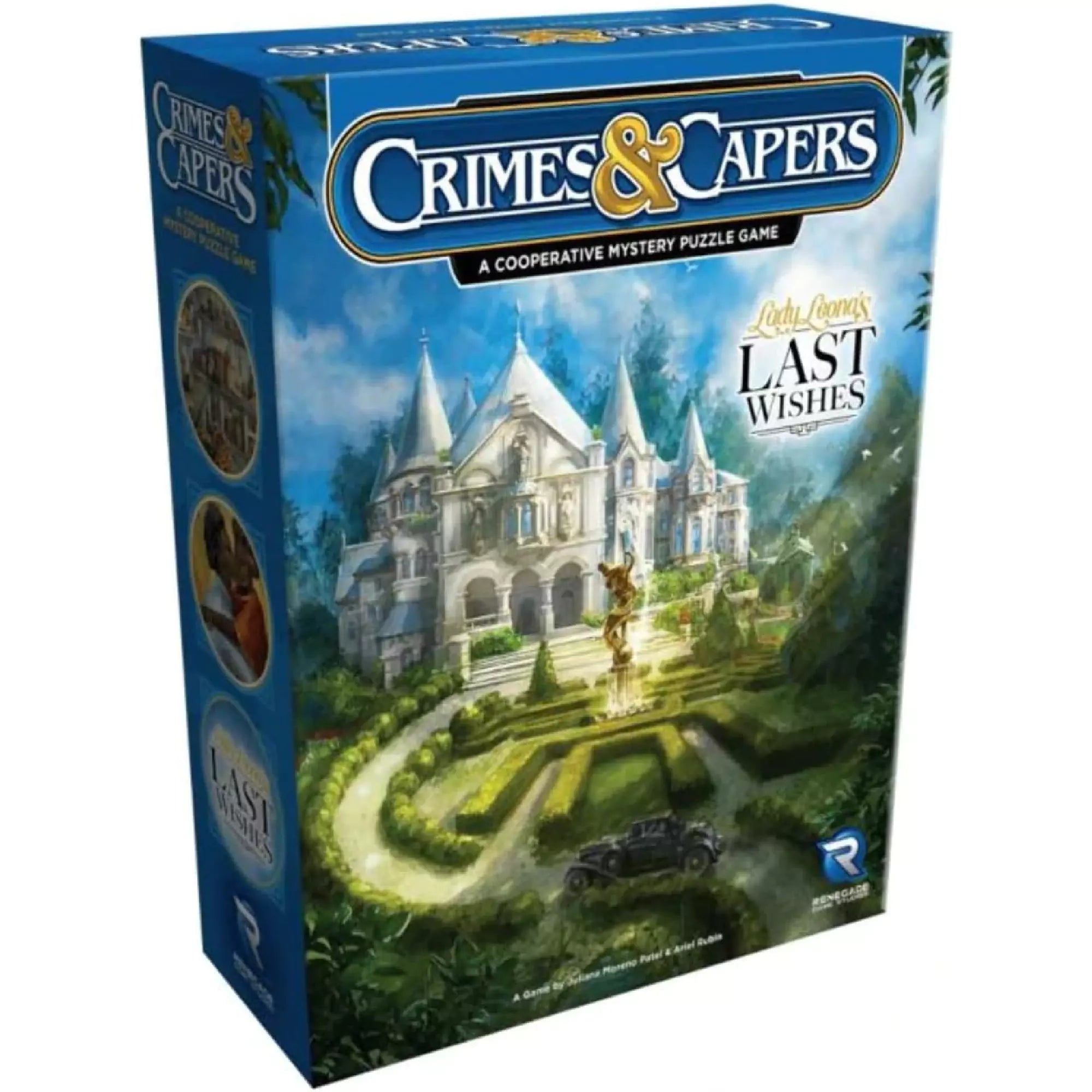 A Crimes & Capers: Lady Leona’s Last Wishes társasjáték díszdoboza, amelyen egy impozáns kastély és formális kert látható, a háttérben kék égbolttal.