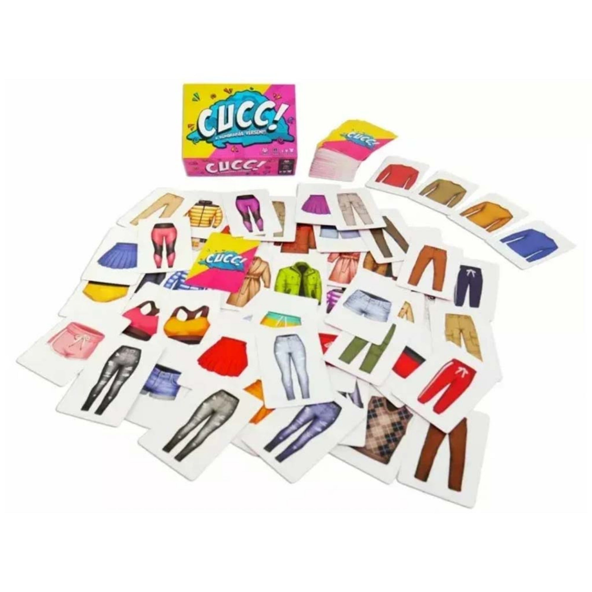 A Cucc! társasjáték doboza és tartozékai: színes ruhadarabokat ábrázoló kártyák szétterítve, háttérben a játék doboza élénk, vidám dizájnnal.