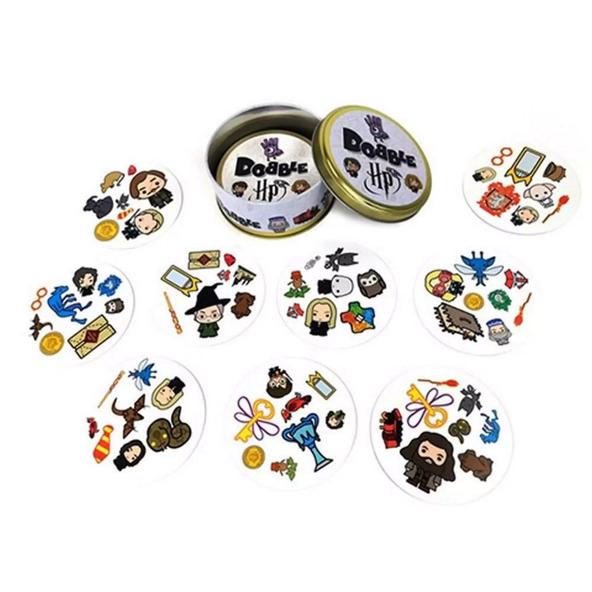 Dobble: Harry Potter kártyák és fém doboz – A játék doboza és a kerek játékkártyák, amelyek Harry Potter világának jellegzetes elemeit tartalmazzák.