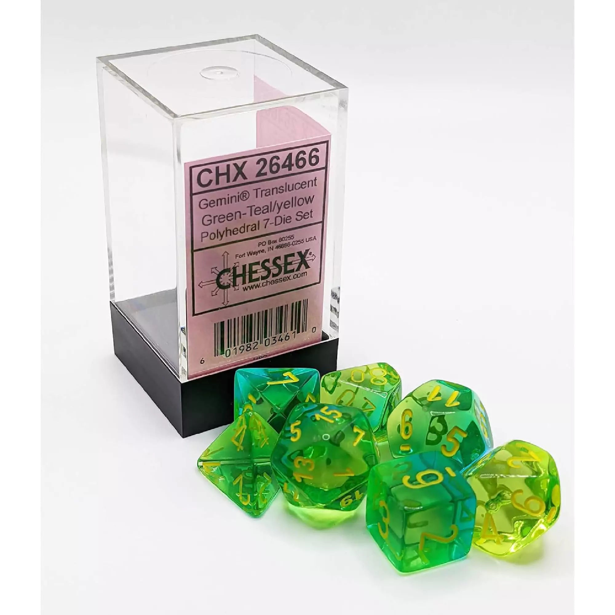 Chessex Gemini Translucent Green-Teal/Yellow 7-darabos dobókocka készlet – Átlátszó zöld, türkiz és sárga színátmenetes kockák sárga számokkal, poliedrikus szerepjátékhoz.