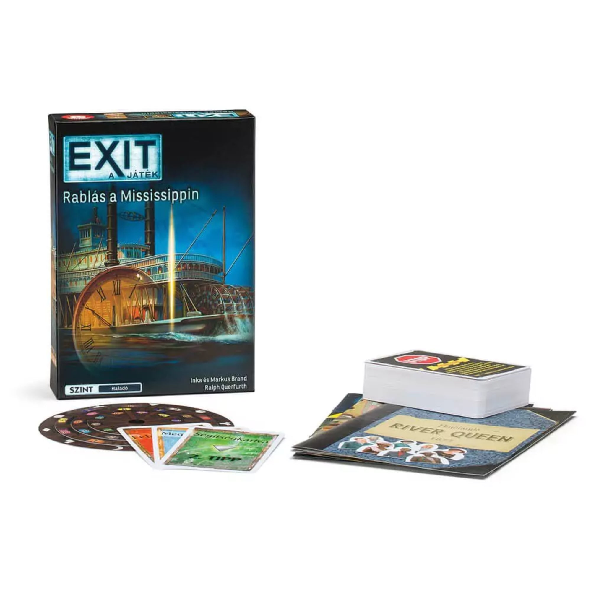 EXIT – Rablás a Mississippin társasjáték doboza és tartozékai, köztük kártyapakli, dekódertárcsa és különféle rejtvénylapok, egy gőzhajós kalandot idéző menekülős játékhoz.