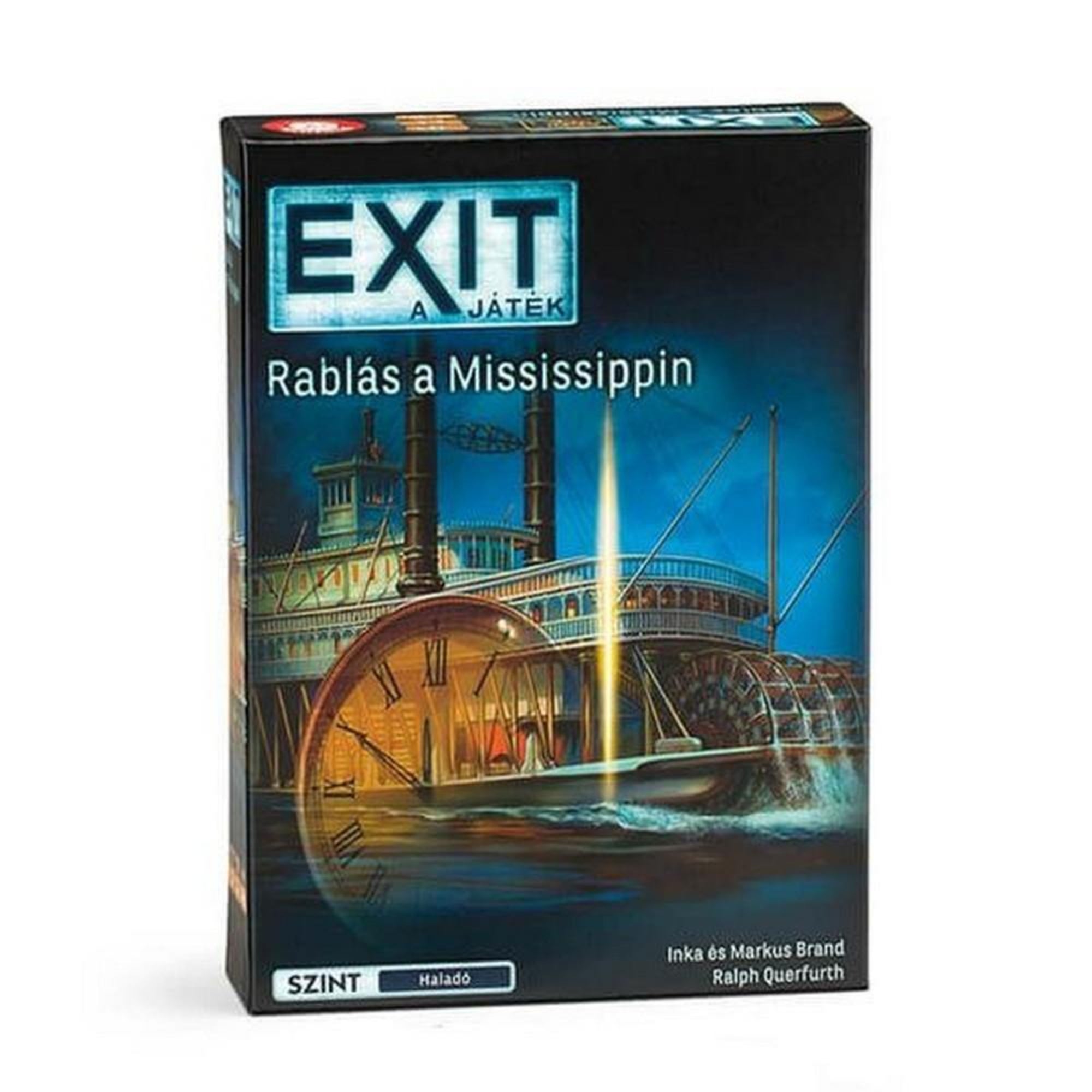 EXIT – Rablás a Mississippin társasjáték doboza, amelyen egy gőzhajó látható az éjszakai folyón, az előtérben egy hatalmas óra számlapja, rejtélyes és időalapú menekülős kalandot sugallva.