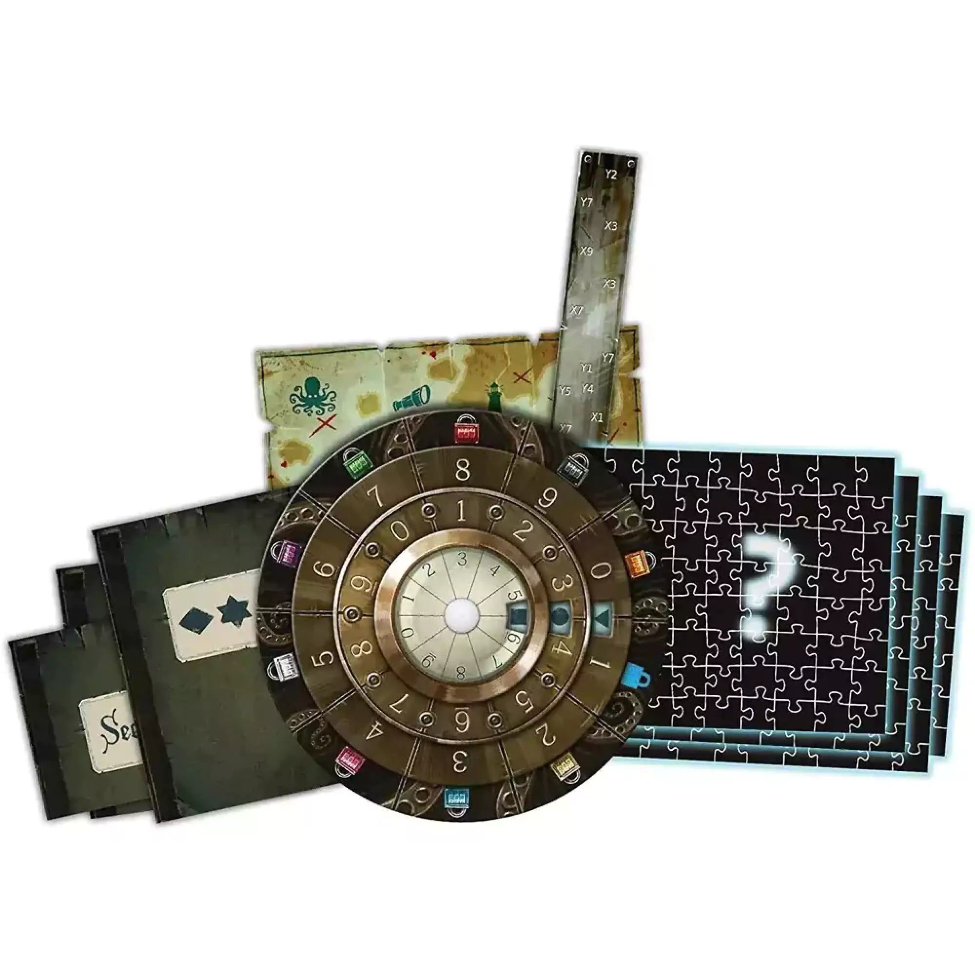 Az „EXIT – A magányos világítótorony” társasjáték játékelemei közelebbről: dekódtárcsa, kártyák, térképszerű lapok, puzzle-k és egy titkosírásos vonalzó.