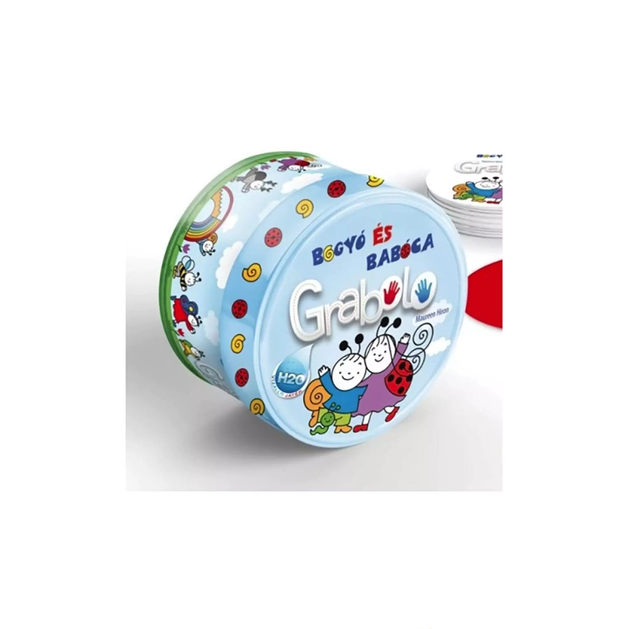 Bogyó és Babóca Grabolo társasjáték kerek fémdobozban, színes karakterkorongokkal, két dobókockával és a főszereplők vidám rajzaival.