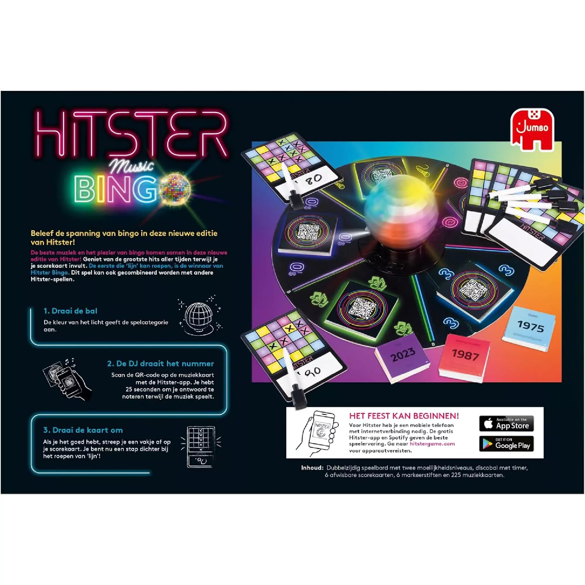 Hitster Music Bingo társasjáték hátlapja, amely bemutatja a játékmenetet: diszkógömb pörgetése, QR-kódos zenekártyák és pontozólapok használata
