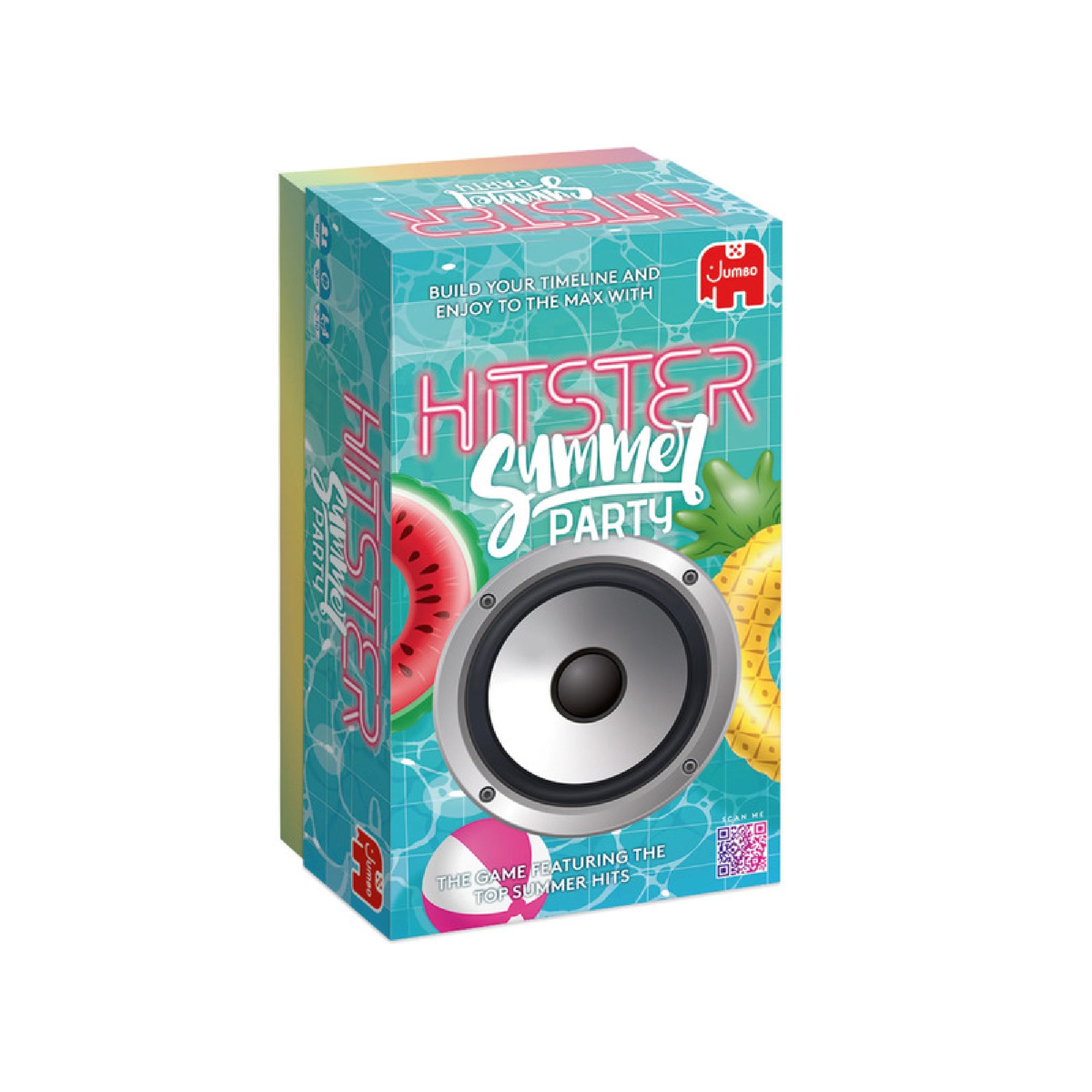 A Hitster Summer Party társasjáték színes doboza, amelyen egy nagy hangszóró, egy félbevágott görögdinnye, egy ananász és egy rózsaszín úszógumi látható. A doboz alapszíne világoskék, geometrikus mintával. A cím neonszerű betűtípussal van írva, a „Hitster” felirat rózsaszín, a „Summer Party” fehér és játékos stílusú. A sarkon a Jumbo logó piros alapon fehér elefánttal, és a QR-kód is feltűnik. A játék zenés partijáték, a legjobb nyári slágerekkel.