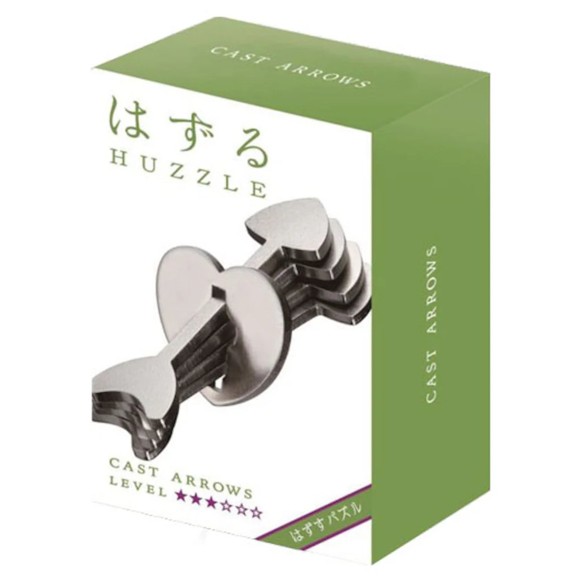 A Huzzle Cast ARROWS logikai kirakó zöld-fehér doboza, amelyen a kirakott fém nyílformák és a nehézségi szint (2/6) látható.