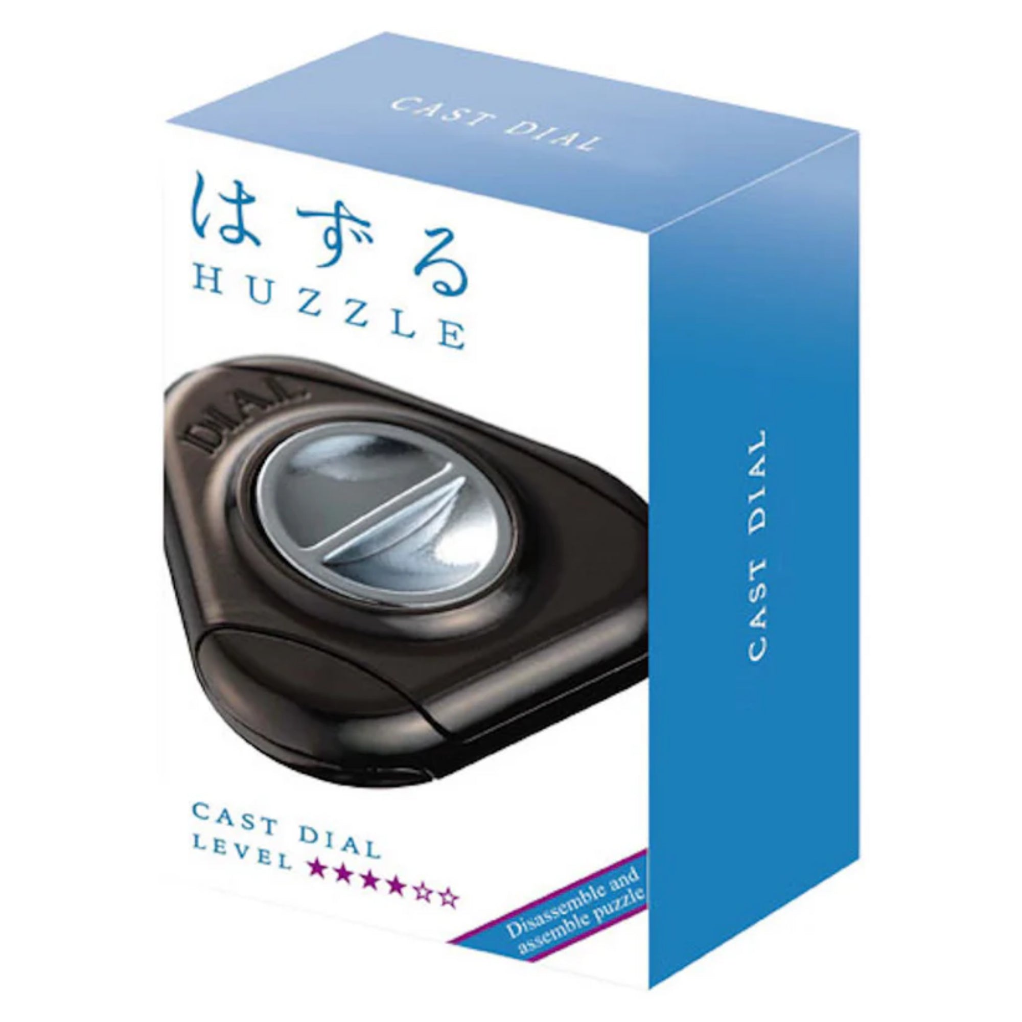 A Huzzle Cast Dial logikai játék doboza, rajta a termék képe és a nehézségi szint jelölése.