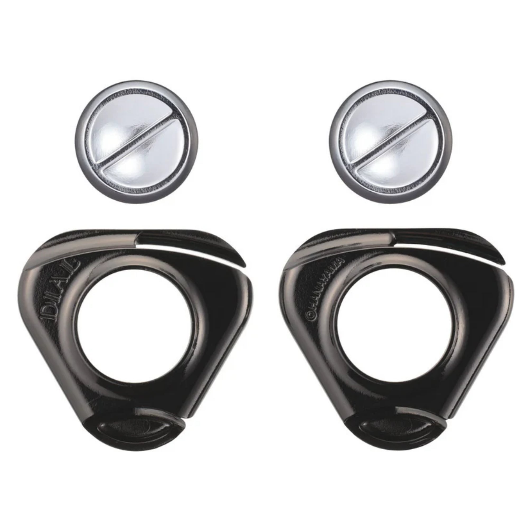 A Huzzle Cast Dial puzzle négy darabra szedve: két fekete külső és két ezüst belső alkatrésszel.