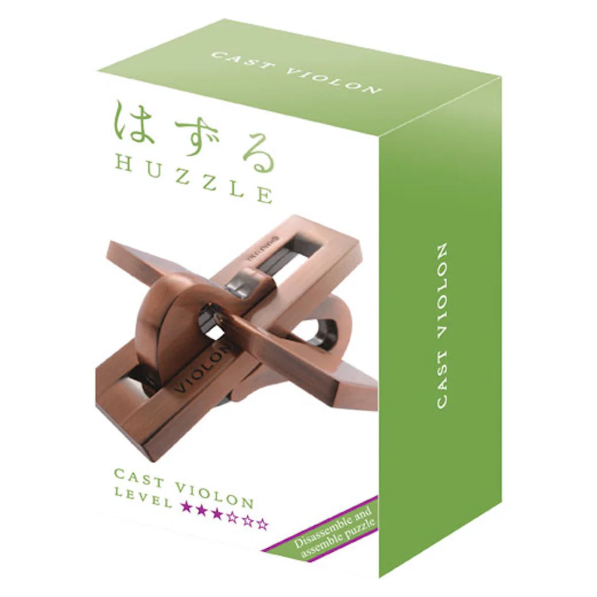 A Huzzle Cast VIOLON logikai játék csomagolása zöld kerettel, a doboz elején a termék képe és a nehézségi szint látható.