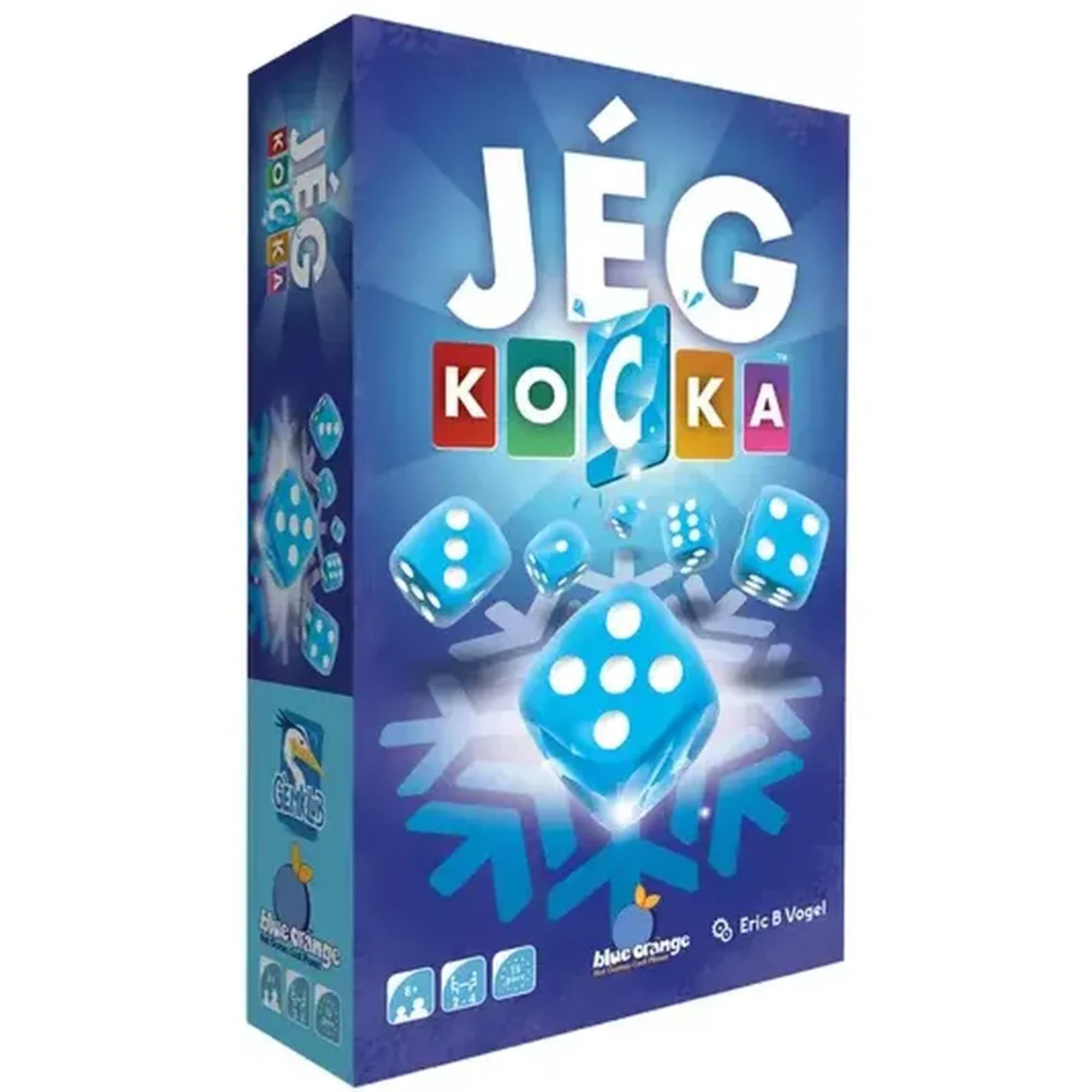 Ez a kép a Jégkocka társasjáték dobozát ábrázolja, amelynek látványos, jeges hangulatú borítója azonnal megragadja a figyelmet. A dobozon több világoskék, átlátszó kocka lebeg egy stilizált hópehely felett, utalva a játék fő mechanizmusára – a kockadobásra. A játék neve színes betűkkel van kiírva, melyek játékos, családbarát hangulatot keltenek. Az alsó részen a kiadó (Blue Orange) és a játék szerzője, Eric B. Vogel neve is olvasható.