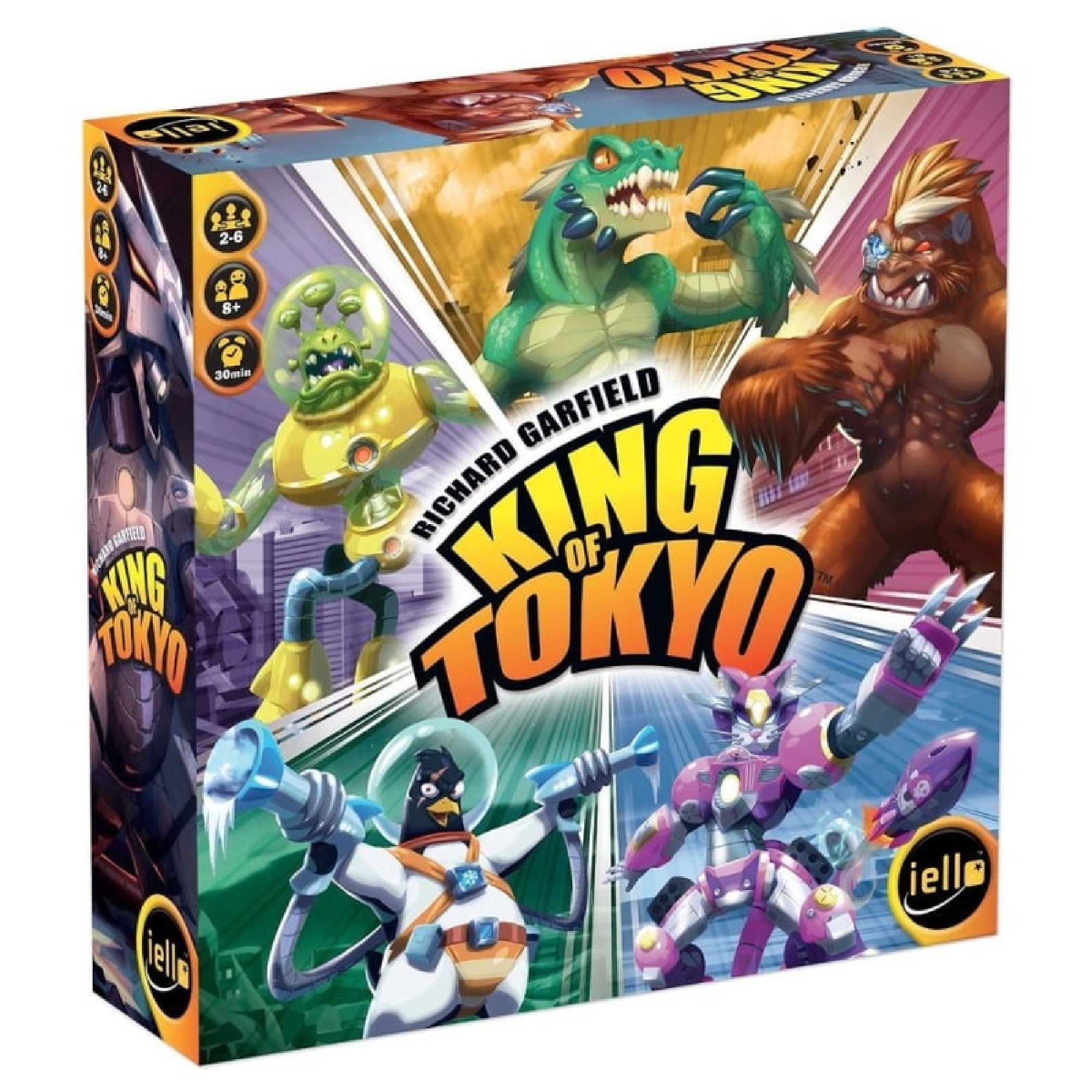 A King of Tokyo: New Edition társasjáték színes doboza, amelyen a játék ikonikus szörnyei – köztük Cyber Kitty, The King és Alienoid – láthatók akció közben. A doboz kiemeli, hogy a játék 2–6 fő számára készült, 8 éves kortól, körülbelül 30 perces játékidővel.