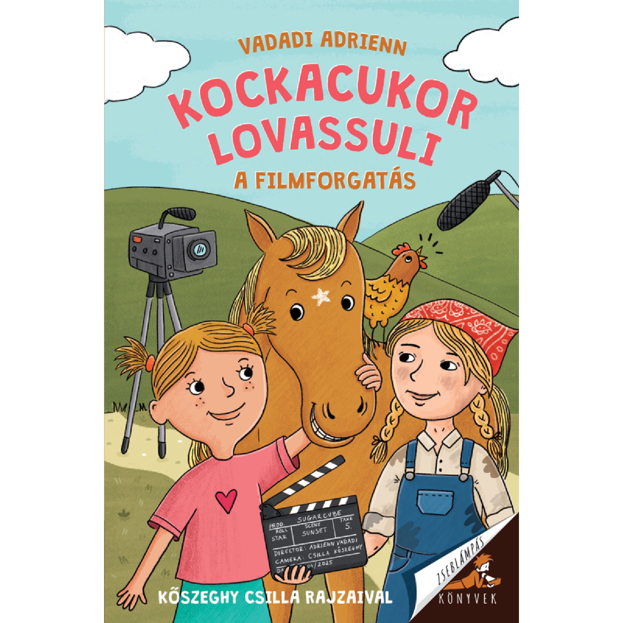 A „Kockacukor lovassuli – A filmforgatás” című könyv borítója, szerzője Vadadi Adrienn. Az illusztráción két kislány látható: az egyik rózsaszín pólóban egy filmes csapót tart a kezében, a másik kék kertésznadrágban és piros fejkendőben áll. Közöttük egy barna ló, Kockacukor, a háttérben pedig egy filmes kamera, mikrofon és egy tyúk is feltűnik. A jelenet egy dombos vidéken játszódik, az égbolt világoskék, bárányfelhőkkel. A rajzokat Kőszeghy Csilla készítette.