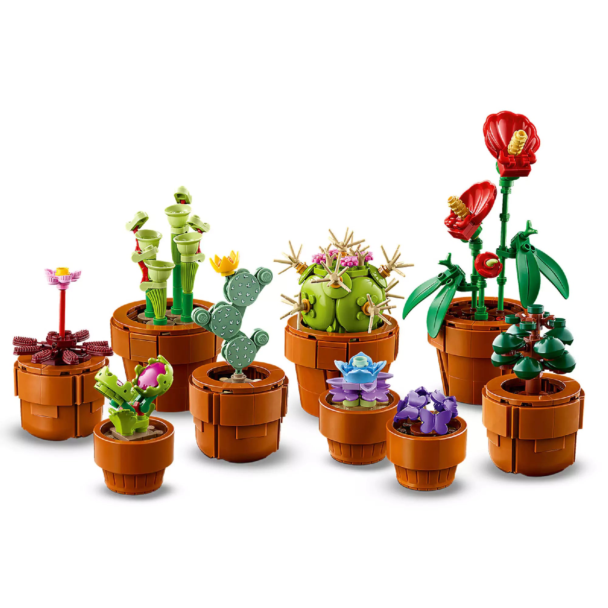 A LEGO Tiny Plants készlet összeszerelt állapotban, doboz nélkül. A kilenc növény szép rendben sorakozik barna cserepekben, köztük van kaktusz, húsevő növény, szukkulens és virágzó növény is. A részletes formák és színek kiemelik a LEGO kreatív lehetőségeit.