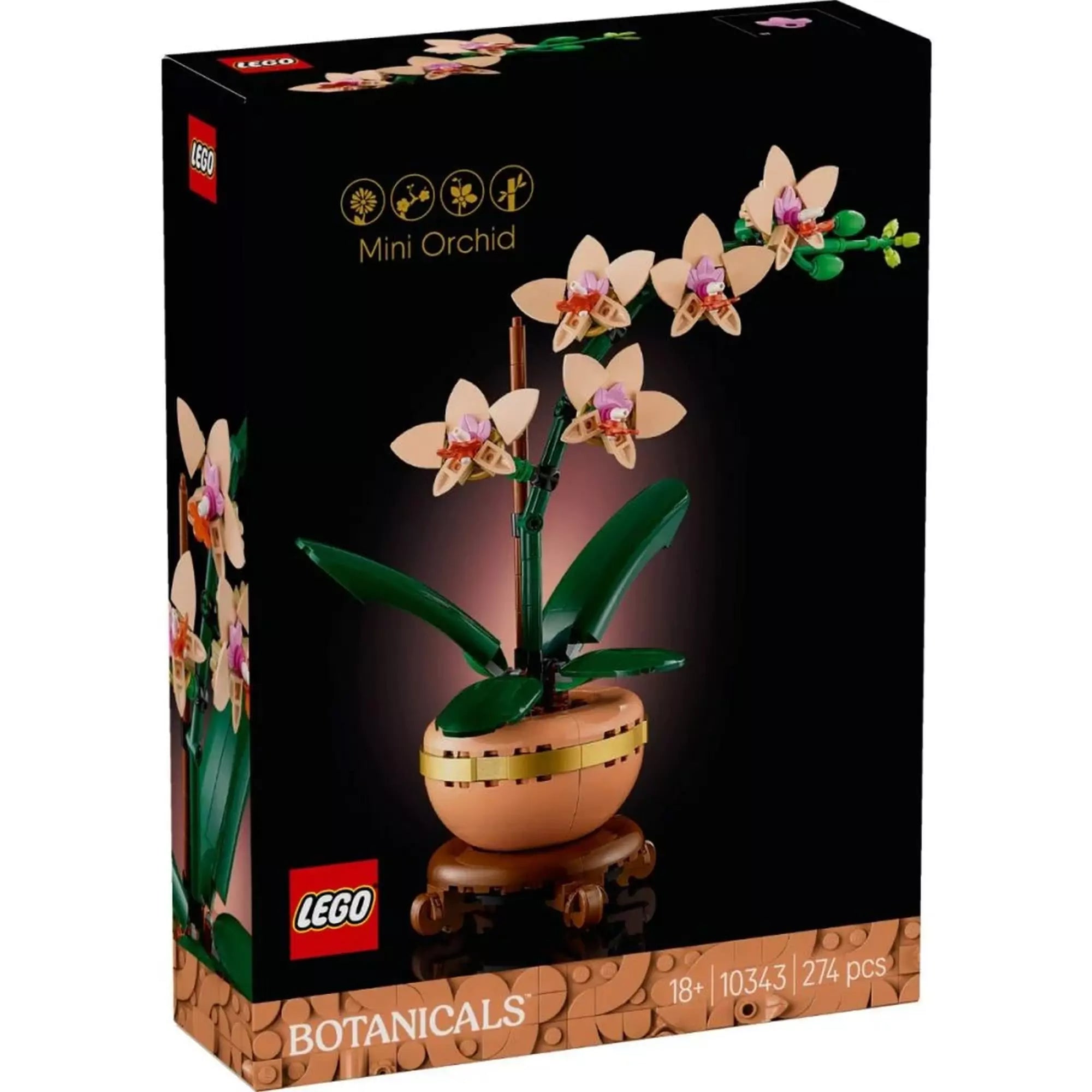 A LEGO Mini Orchidea (10343) készlet doboza, rajta a virágos építmény képe, fekete háttérrel és 274 építőelemmel.