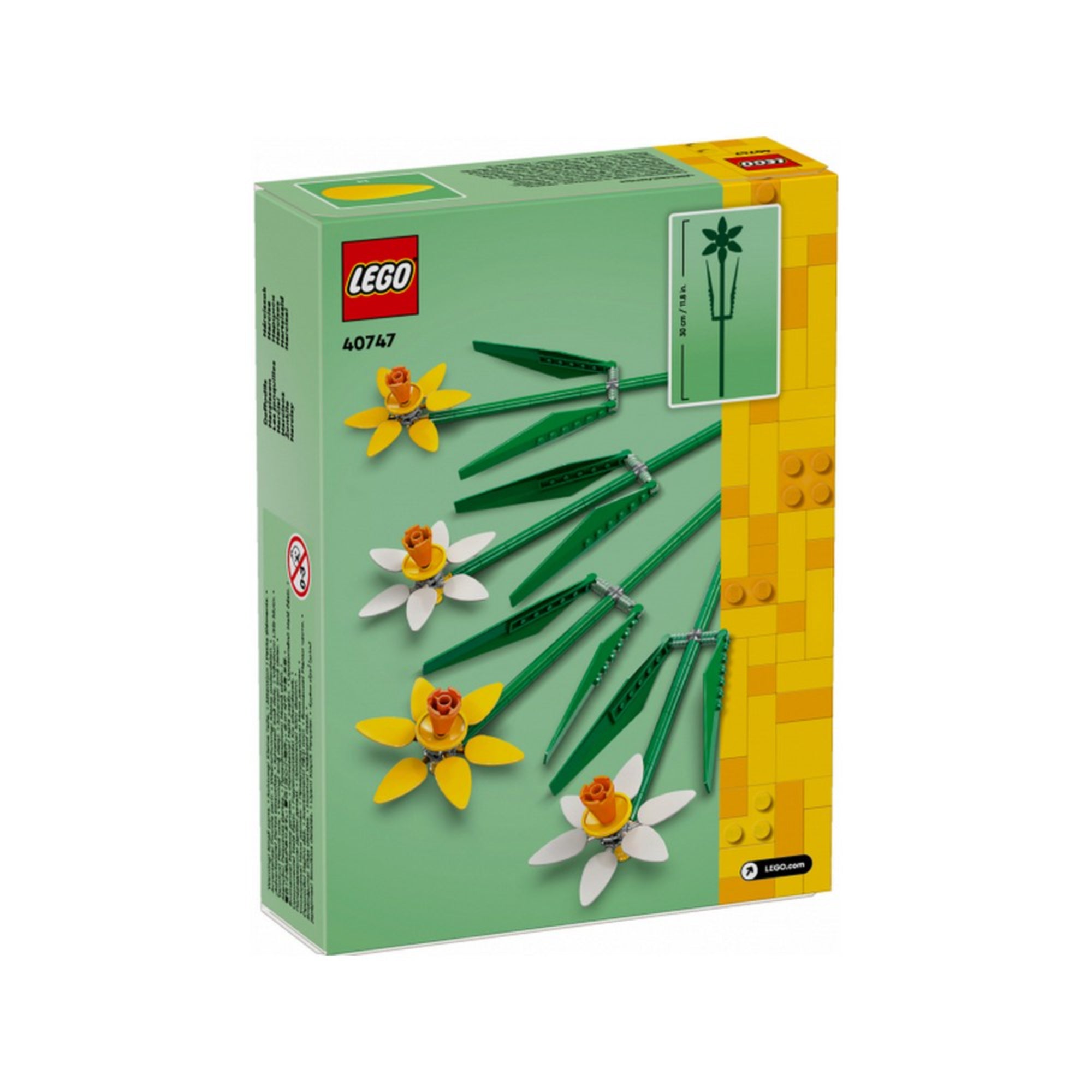 „A LEGO Nárciszok (40747) készlet dobozának hátlapja, amely a négy virág szétszedett állapotát és a 30 cm-es virágszár méretét mutatja.”