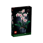 A LEGO Orchid (10311) készlet elegáns fekete doboza, melyen a teljes orchidea modell látható fehér és rózsaszín virágokkal, zöld levelekkel és szürke virágcserépben.