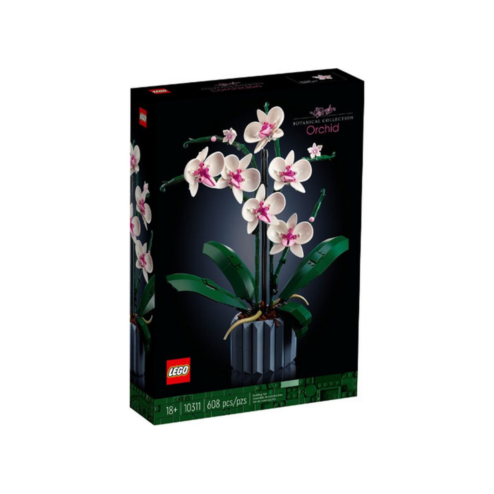 A LEGO Orchid (10311) készlet elegáns fekete doboza, melyen a teljes orchidea modell látható fehér és rózsaszín virágokkal, zöld levelekkel és szürke virágcserépben.