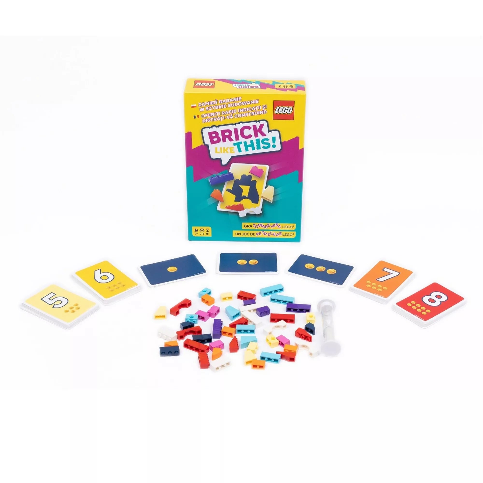 A LEGO Brick Like This! társasjáték doboza a játék elemeivel: különböző színű LEGO elemek, számkártyák és homokóra.