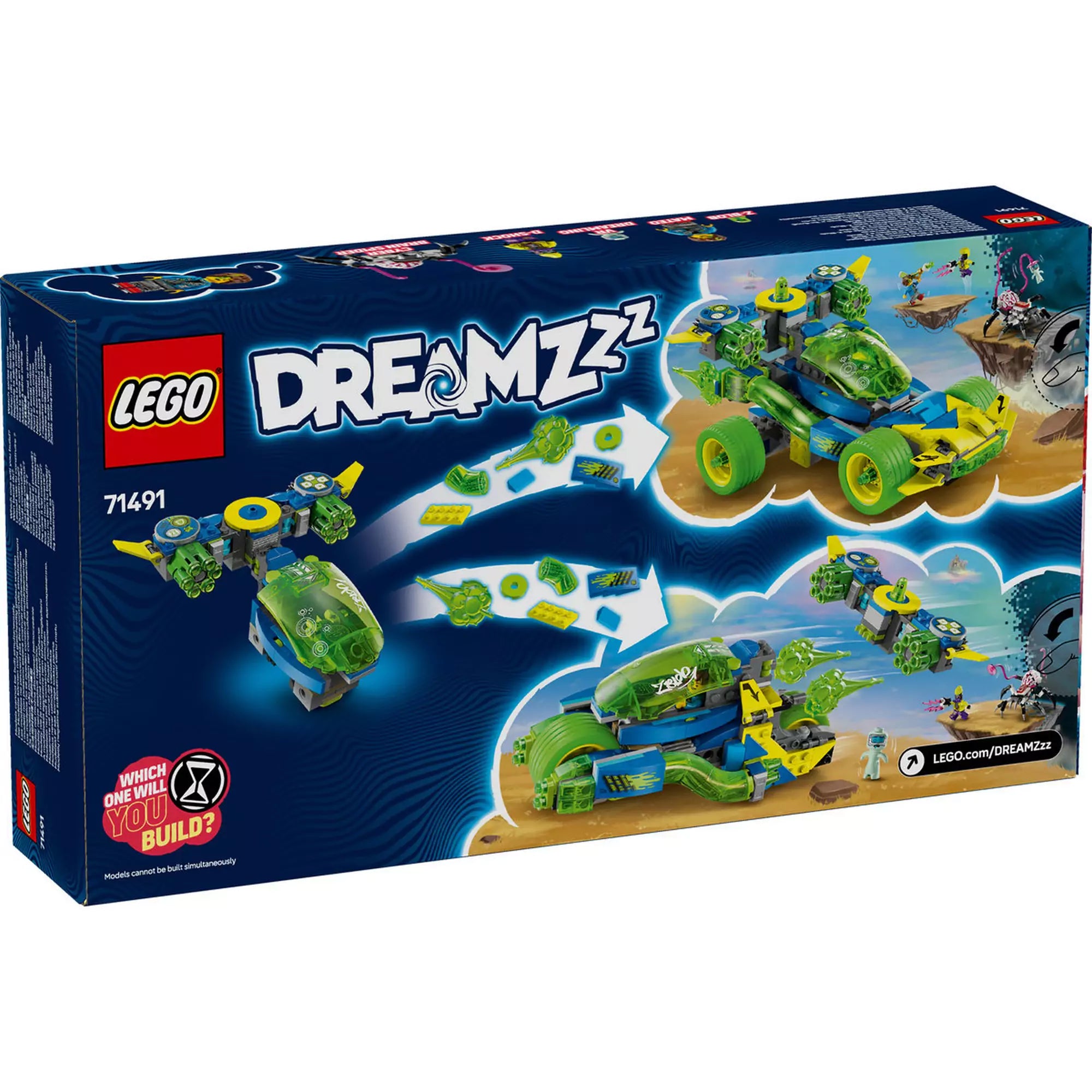 LEGO DREAMZzz Mateo és Z-Blob versenyautója (71491) hátoldalán látható különböző építési opciók