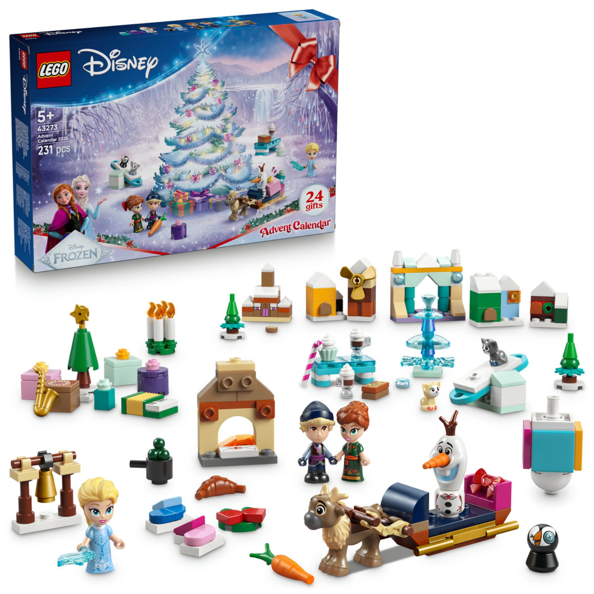 LEGO Disney Frozen adventi naptár 2025 teljes tartalma: figurák, miniépítmények, kiegészítők és a színes doboz.