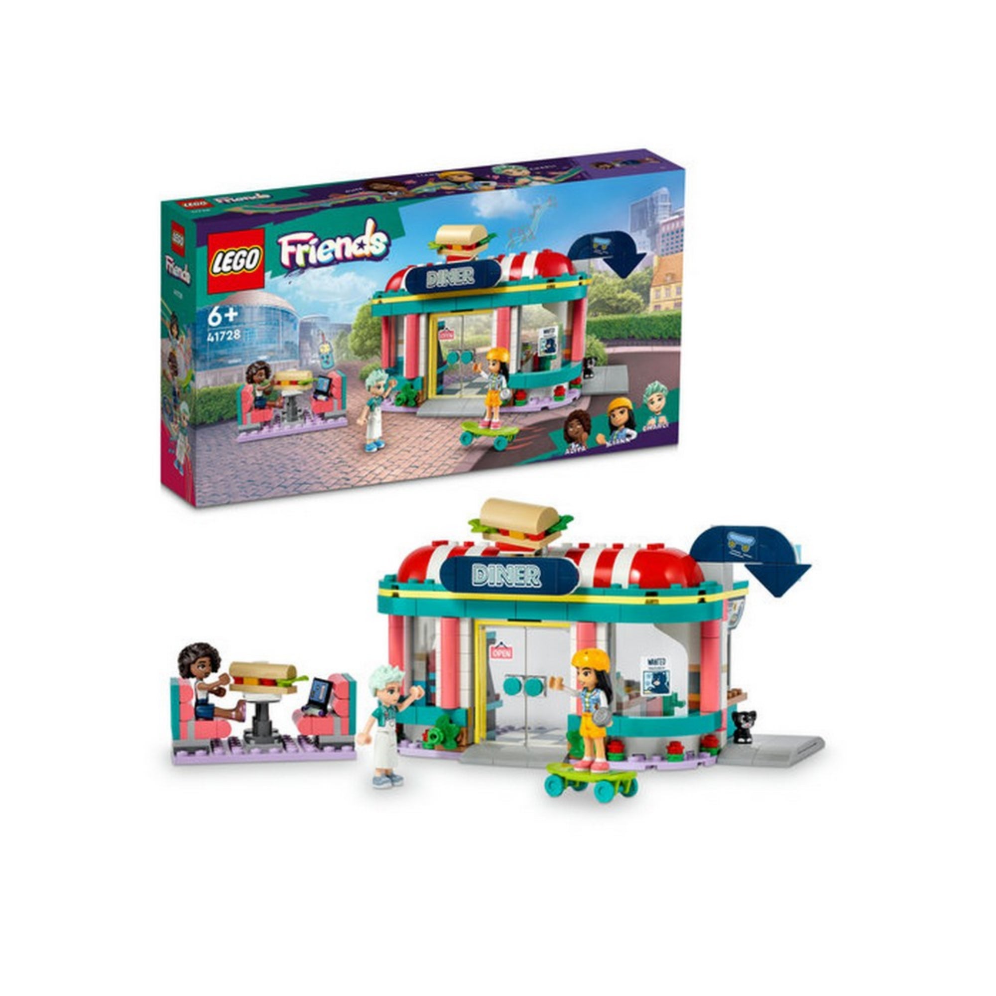 LEGO Friends 41728 Heartlake belvárosi büfé – a készlet doboza és teljesen felépített szett egy képen. A klasszikus amerikai stílusú étterem piros-fehér csíkos tetővel, „Diner” felirattal, és három minifigurával (Aliya, Liann és Charli), gördeszkával, kutyával, valamint ülőalkalmatosságokkal kiegészítve.