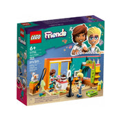 LEGO Friends 41754 Leo's Room – a hivatalos doboz 203 darabos szettként, 6 éves kortól ajánlva. A dobozon Leo és Olly illusztrált portréja, valamint a játékos szobabelső szerepel, kamerával, sütikkel, szörfdeszkával, macskával és sportkiegészítőkkel.