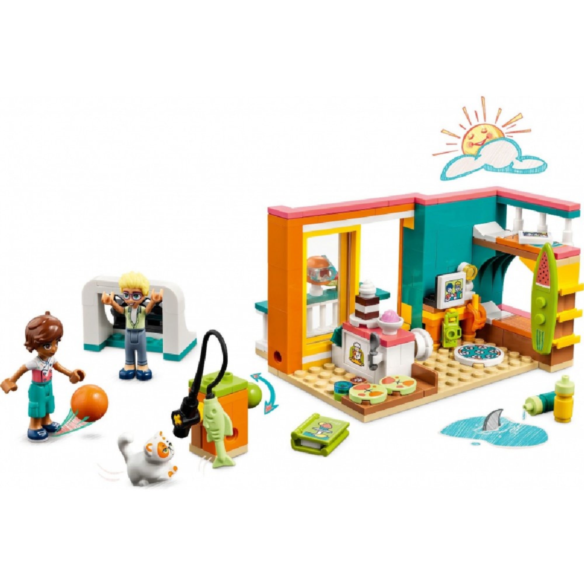 LEGO Friends 41754 Leo szobája – színes játékjelenet, ahol Leo és Olly karakterek egy napfényes, kreatív szobában játszanak. A jelenetben gördeszka, kamera, macskafigura, focikapuk és rengeteg kiegészítő szerepel, például sütis doboz, videó kamera és vízfestékfoltok a padlón.