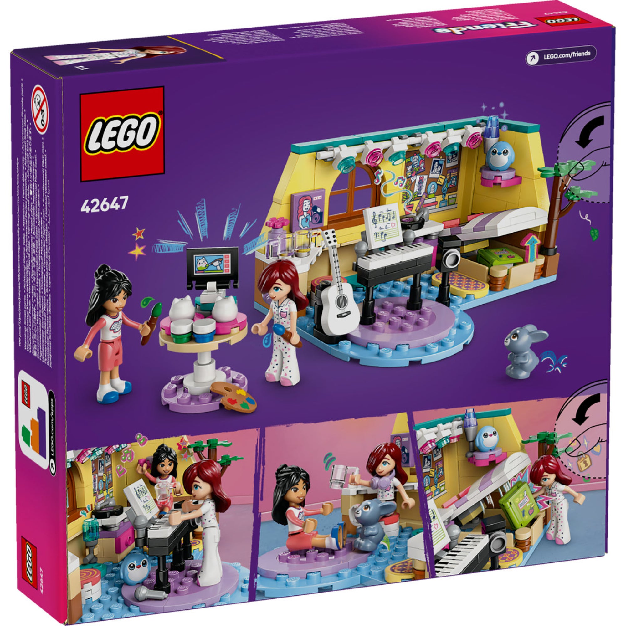 A LEGO Friends Paisley szobája 42647 készlet hátoldala, amely a szett részleteit mutatja. Látható Paisley és Liann figurája, egy nyuszi, zenei és művészeti kiegészítők, mint például egy gitár, zongora és festőkészlet. Az alsó képek játékjeleneteket ábrázolnak, beleértve Paisley titkos ágyrekeszét és Melody gondozását.