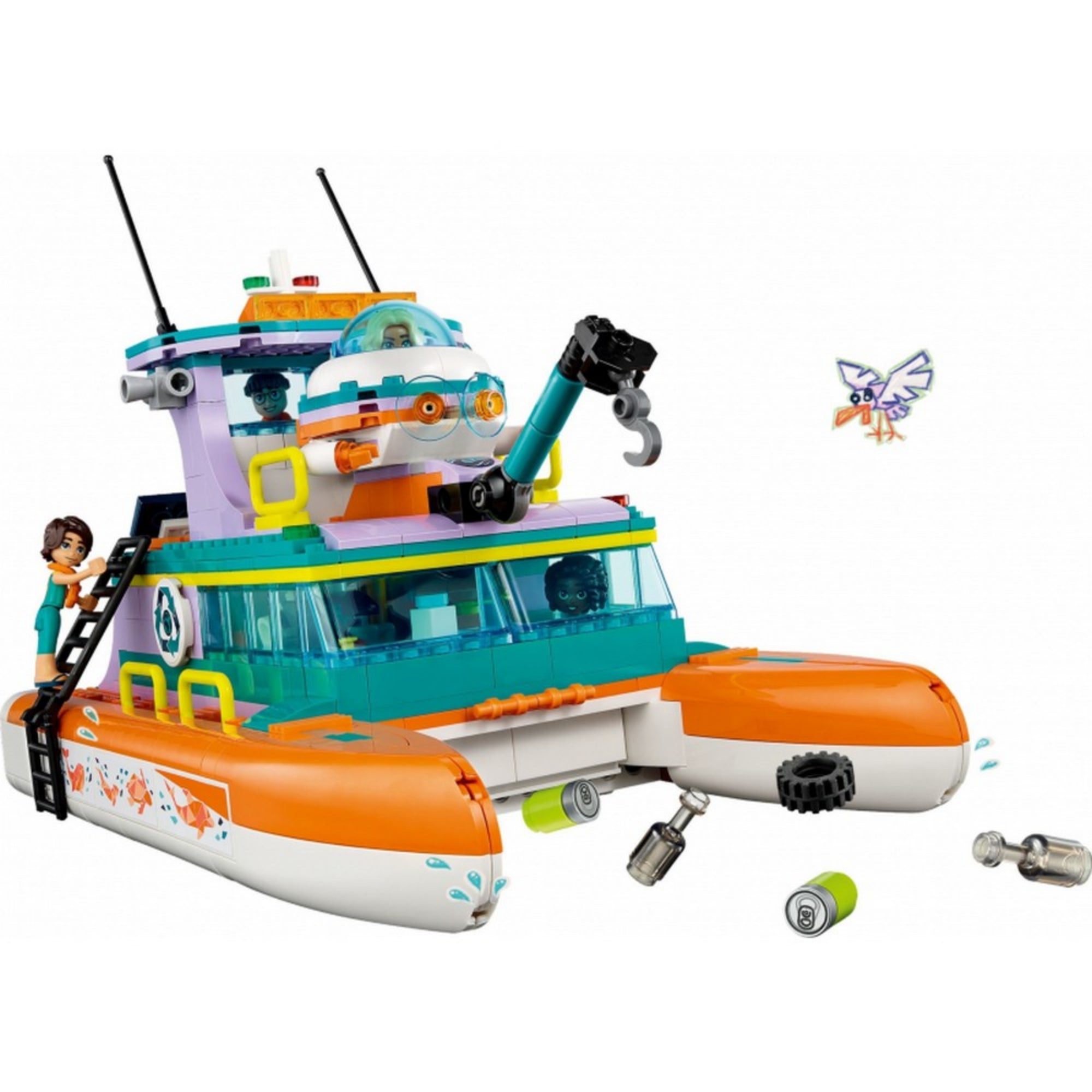 LEGO Friends 41734 Tengeri mentőhajó – a teljes készlet felépítve: modern mentőhajó színes felépítménnyel, mini laborral, napelemes panelekkel és daruval, valamint több karakterrel és állatfigurákkal. A jelenet tengeri környezetben játszódik, mentőakció közben.