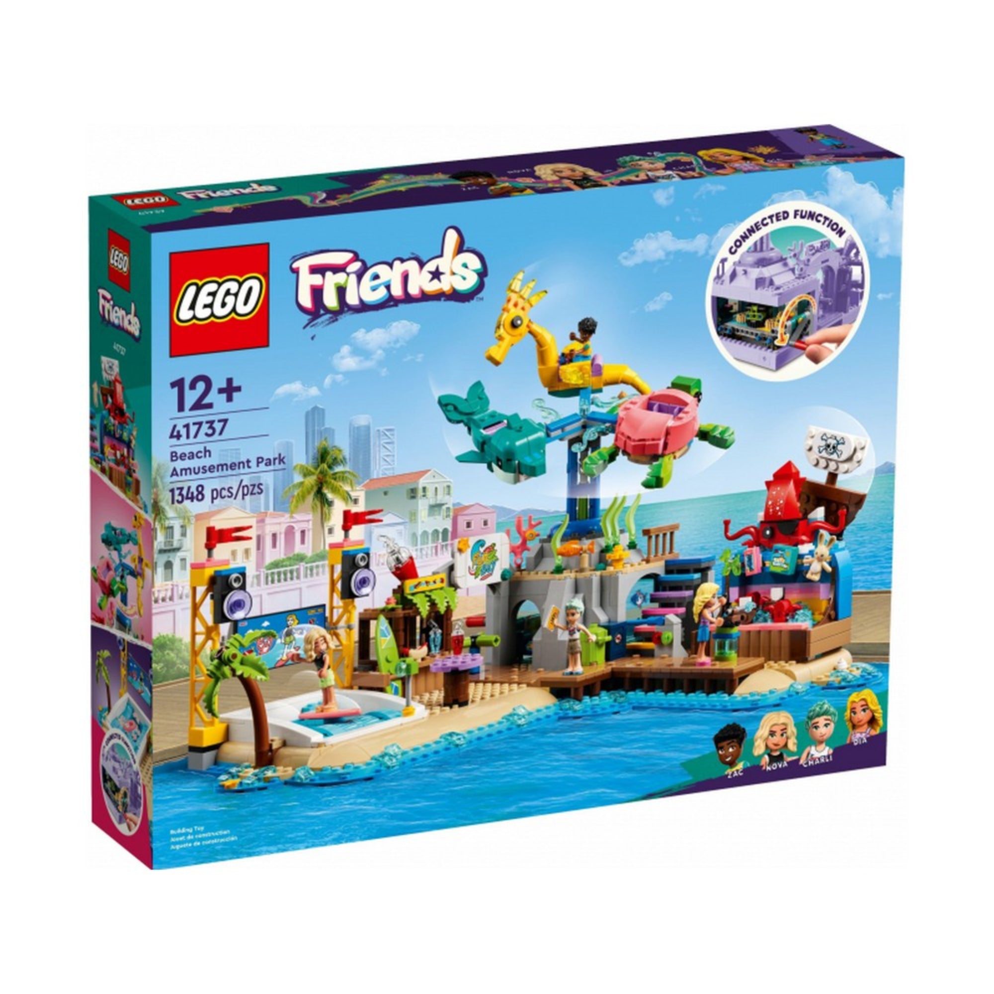 A LEGO Friends Tengerparti vidámpark (41737) doboza, előtérben a felépített készlettel és karakterekkel, tengerparti város háttérrel, 12+ korosztály megjelöléssel.