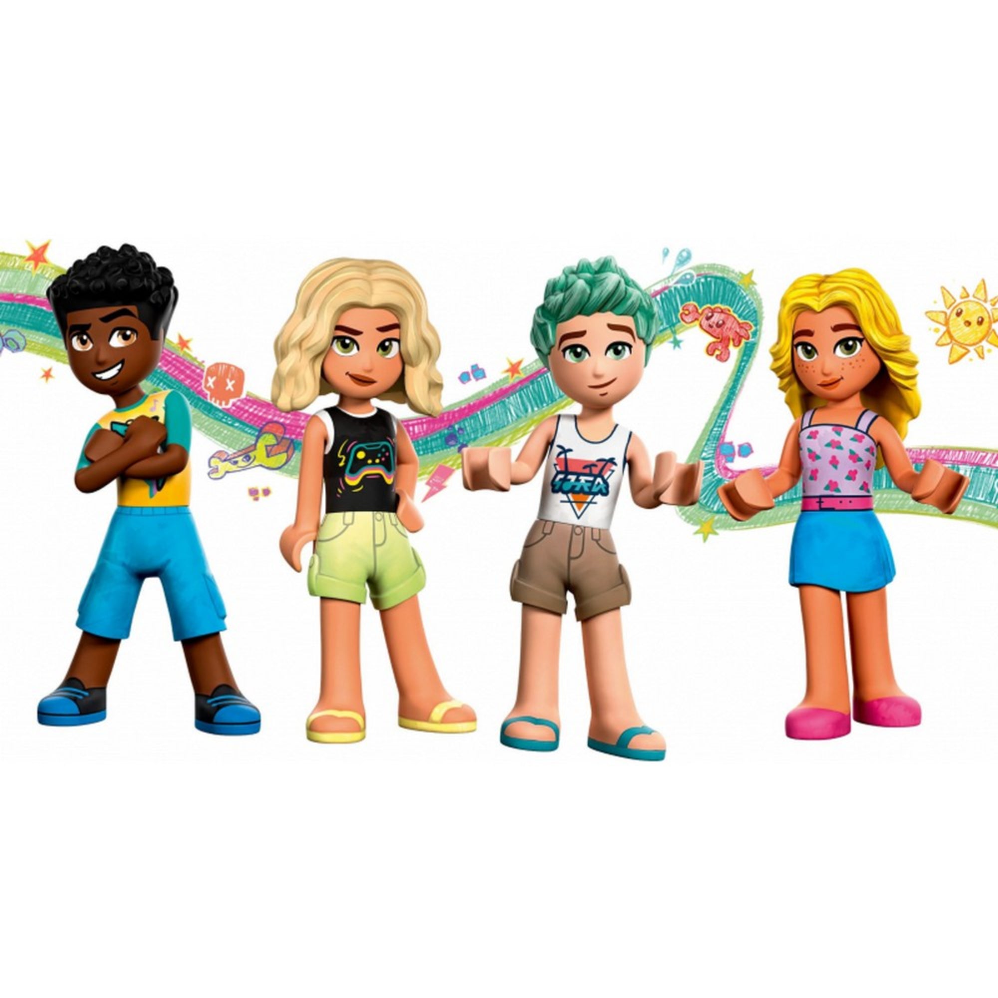 Négy színes ruhába öltöztetett LEGO Friends minifigura mosolyog egymás mellett, szivárványos háttér előtt – LEGO Friends Tengerparti vidámpark (41737).