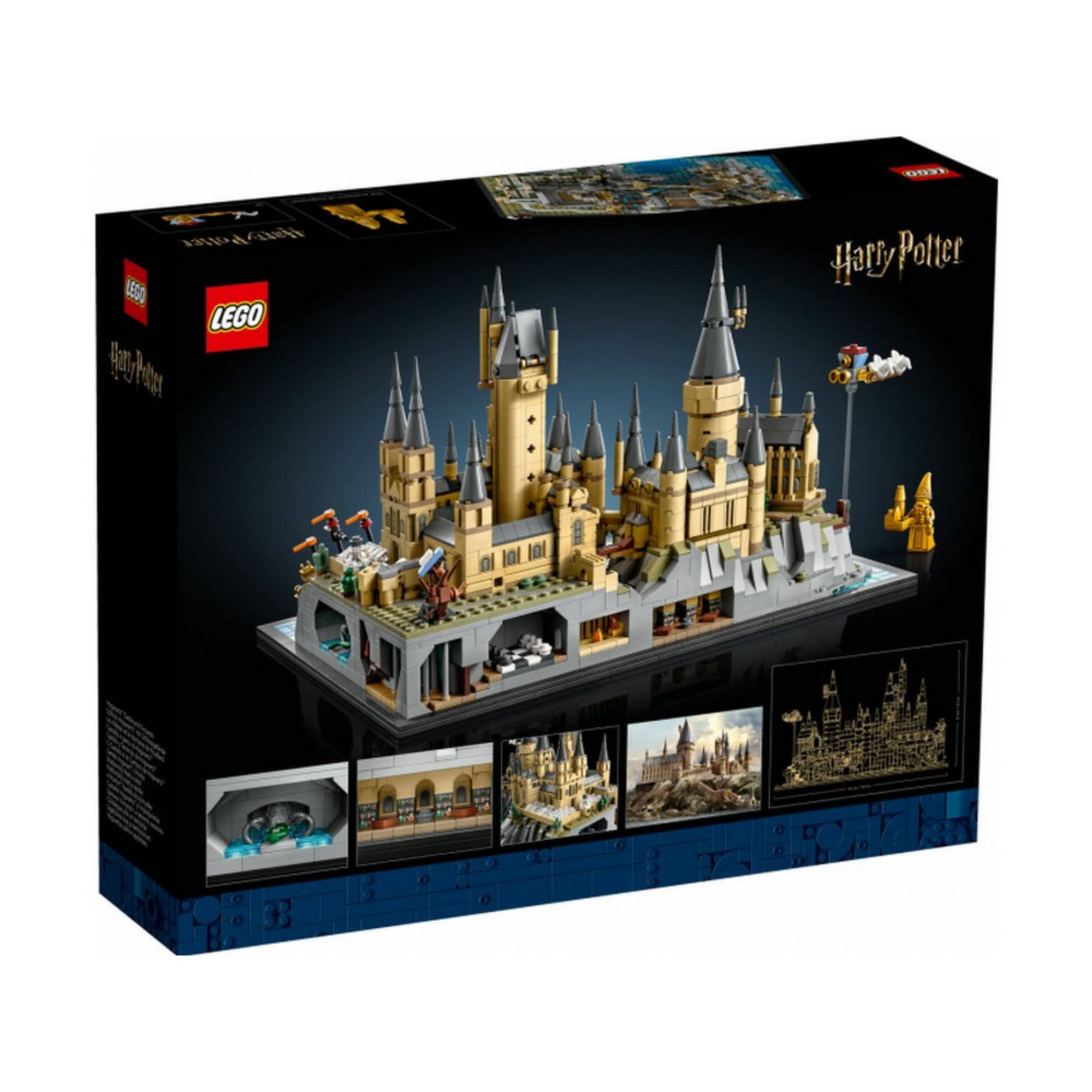 A LEGO Harry Potter Roxfort kastély és környéke (76419) készlet dobozának hátoldala, bemutatva a belső részeket, részletfotókat és a dioráma arany vázlatát.