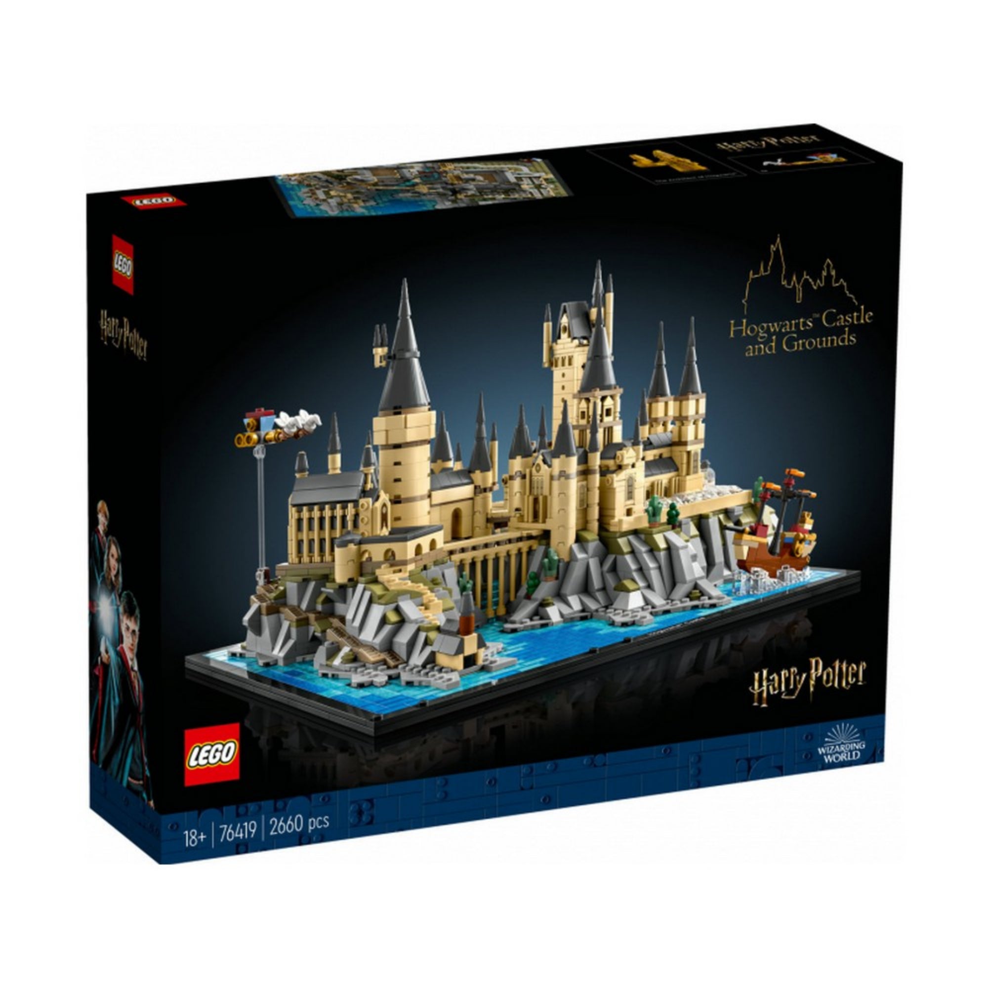 A LEGO Harry Potter Roxfort kastély és környéke (76419) készlet doboza, sötétkék háttéren a megépített diorámával, bal alsó sarokban LEGO és Harry Potter logóval.