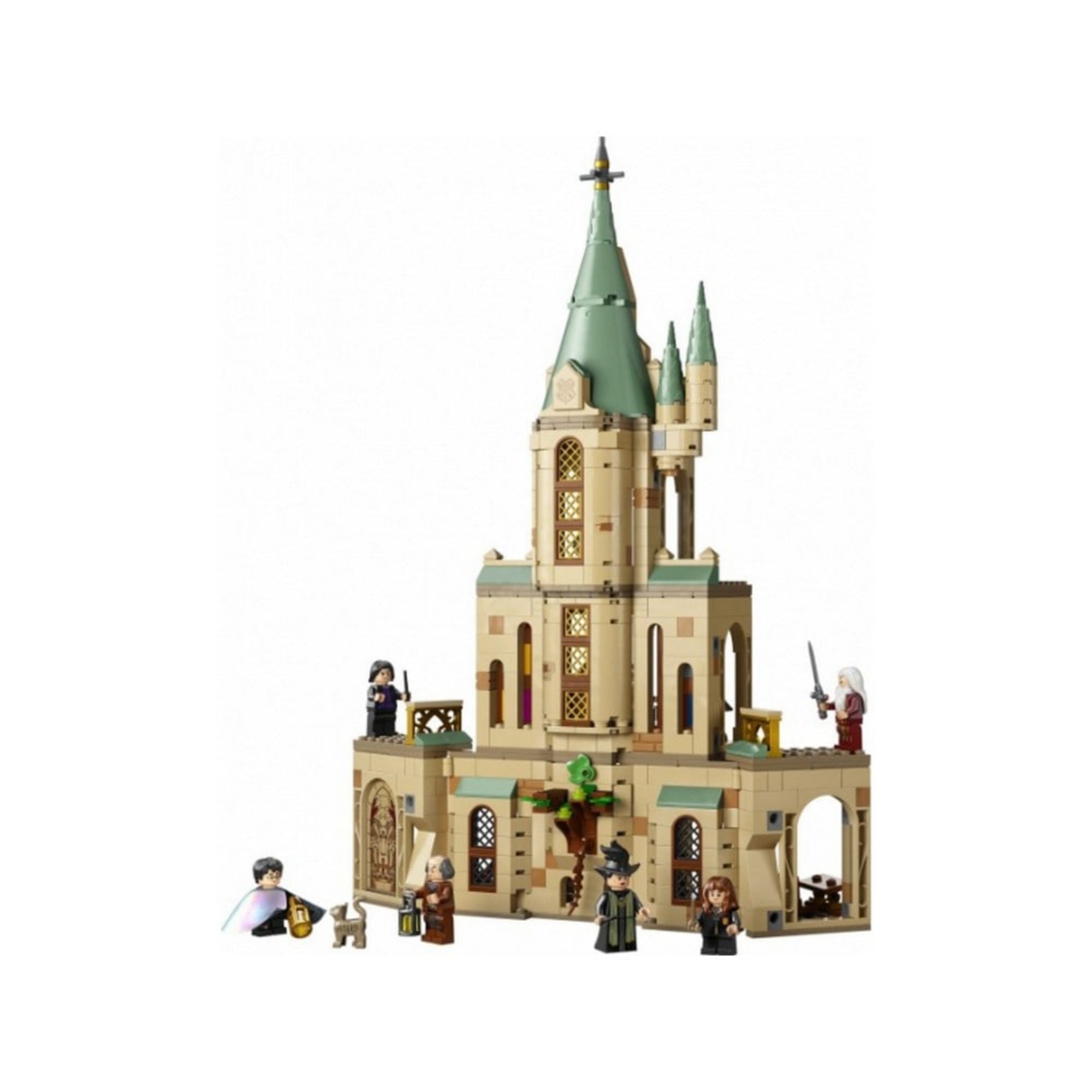 A LEGO Harry Potter Roxfort: Dumbledore irodája (76402) készlet egyik oldala, zöld tornyos épületrészlettel, számos minifigurával és részletes ablakokkal.