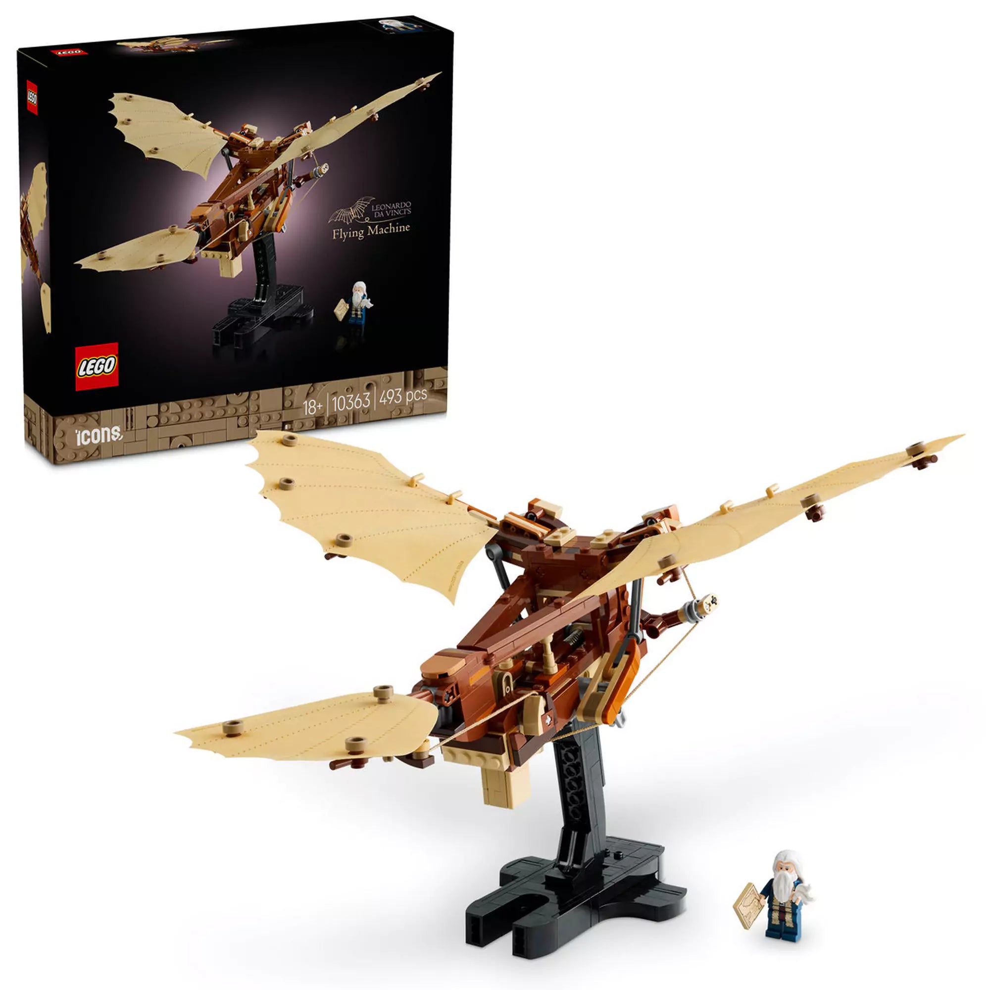 LEGO Icons (Creator Expert) Leonardo da Vinci Repülőgépe (10363) készlet, amely tartalmazza az ornitopter részletes modelljét mozgatható szárnyakkal és egy kiállítási állvánnyal, valamint egy minifigurát Leonardo da Vinci megjelenítésével, aki egy tervrajzot tart a kezében.