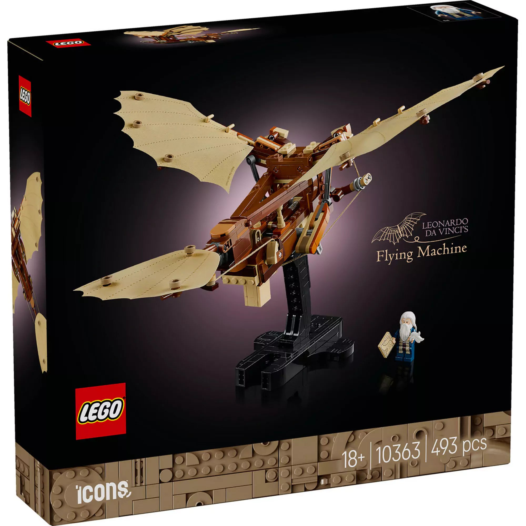LEGO Icons (Creator Expert) Leonardo da Vinci Repülőgépe (10363) készlet doboza, amely az ornitopter lenyűgöző modelljét, mozgó szárnyakat és részletes mechanizmust ábrázol.