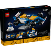 A LEGO Icons Williams Racing FW14B & Nigel Mansell (10353) doboz hátoldala, amely részletesen bemutatja a Forma–1-es versenyautó modellt. A csomagoláson látható a működő kormányzás, a Goodyear gumik, a részletes motor, valamint a Nigel Mansell minifigura egy pódium-stílusú kiállítóállvánnyal. Az alsó részen további képek mutatják az autó különböző nézeteit és a műszaki részleteket.