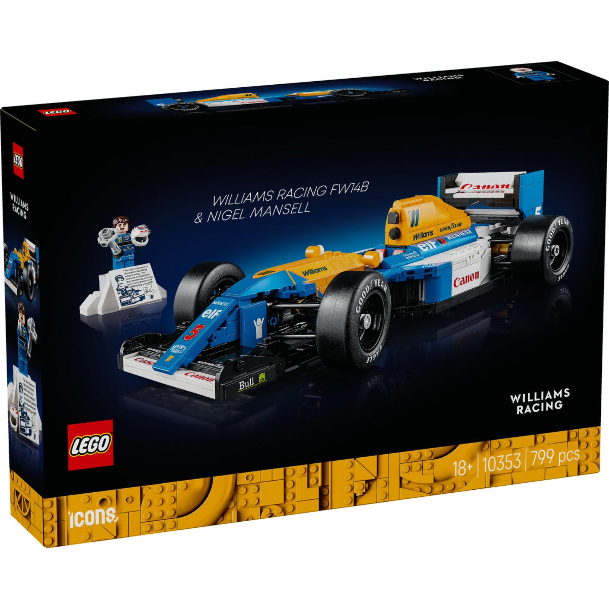 A LEGO Icons Williams Racing FW14B & Nigel Mansell (10353) doboza, amely bemutatja a részletesen kidolgozott Forma–1-es versenyautó modellt. A csomagolás kiemeli az ikonikus kék-sárga dizájnt, a Goodyear gumikat, a működő kormányzást, valamint a Nigel Mansell minifigurát egy pódium-stílusú kiállítóállvánnyal.