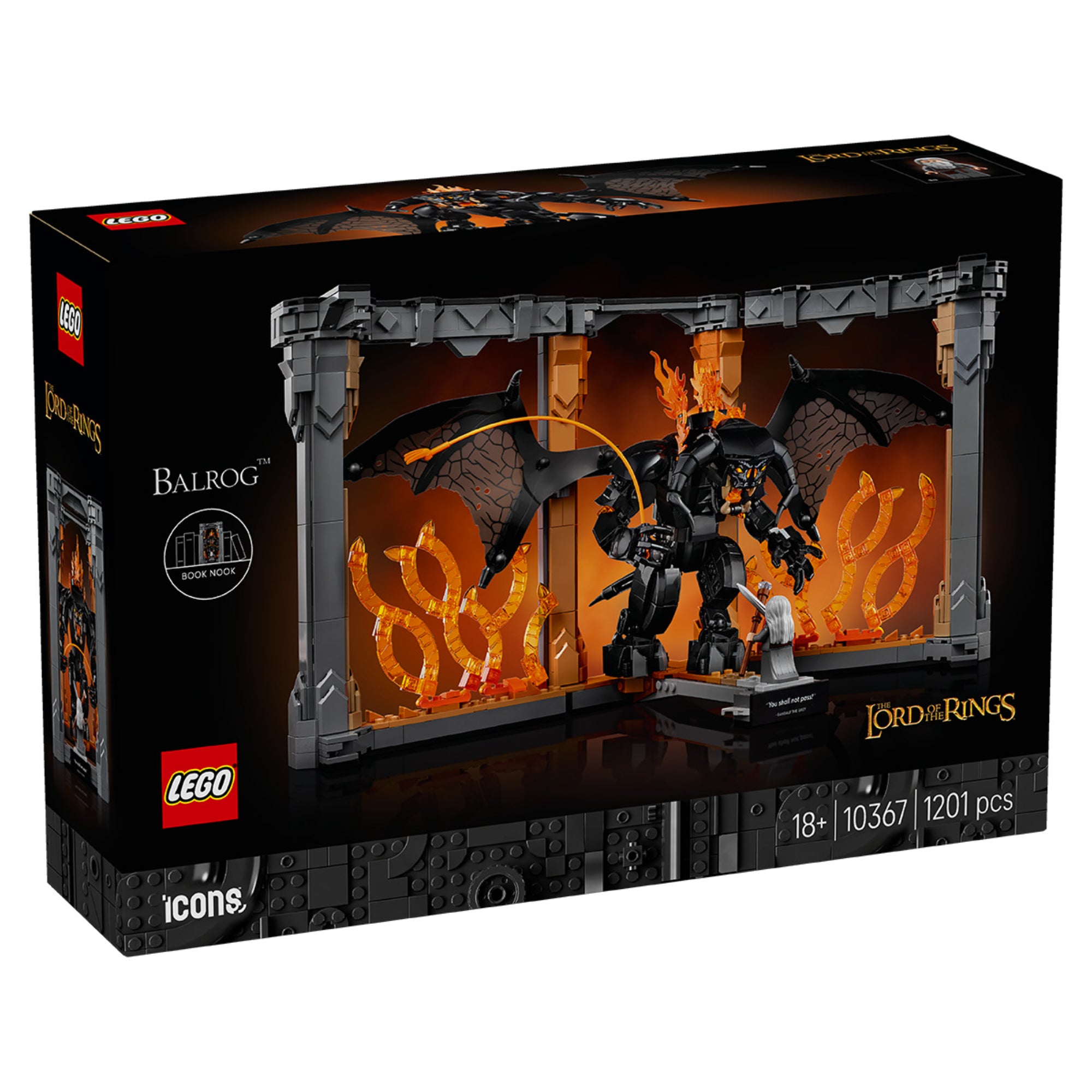 LEGO Icons The Lord of the Rings: Balrog (10367) dobozkép előlnézet – A sötét háttér előtt ábrázolt ikonikus csatajelenet a Móriában.