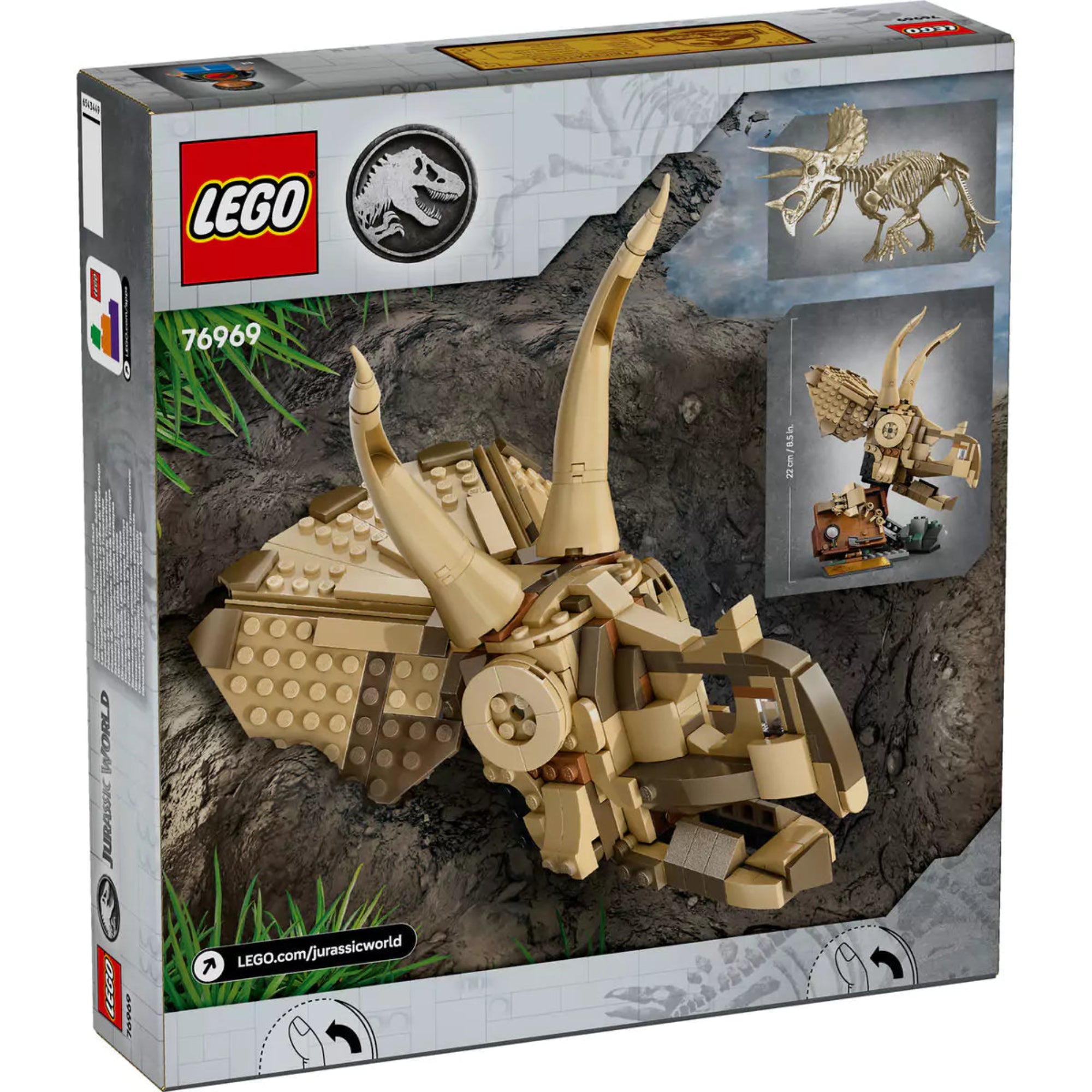 LEGO Jurassic World Triceratops-koponya (76969) hátoldali dobozkép, amelyen az állítható koponya és a kiállítási alaplap látható.