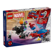 LEGO Marvel Pókember versenyautó – Venomizált Zöld Manó (76279) doboz hátoldala: akciójelenetekkel illusztrált funkciók, például a kinyitható motorháztető, levehető elemek és hálóvető, valamint három minifigura mozgás közben